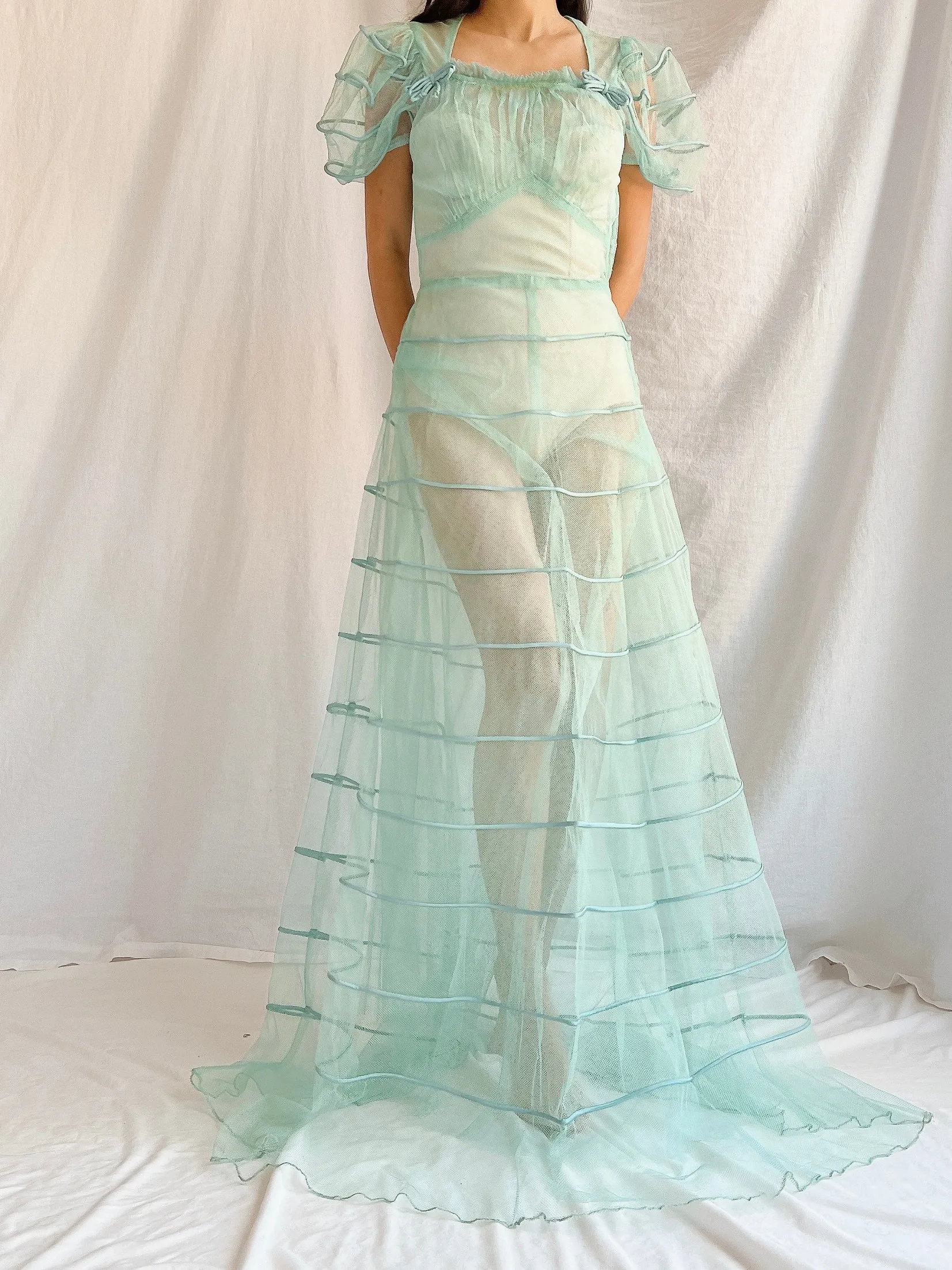1930s Turquoise Tulle Dress - XS