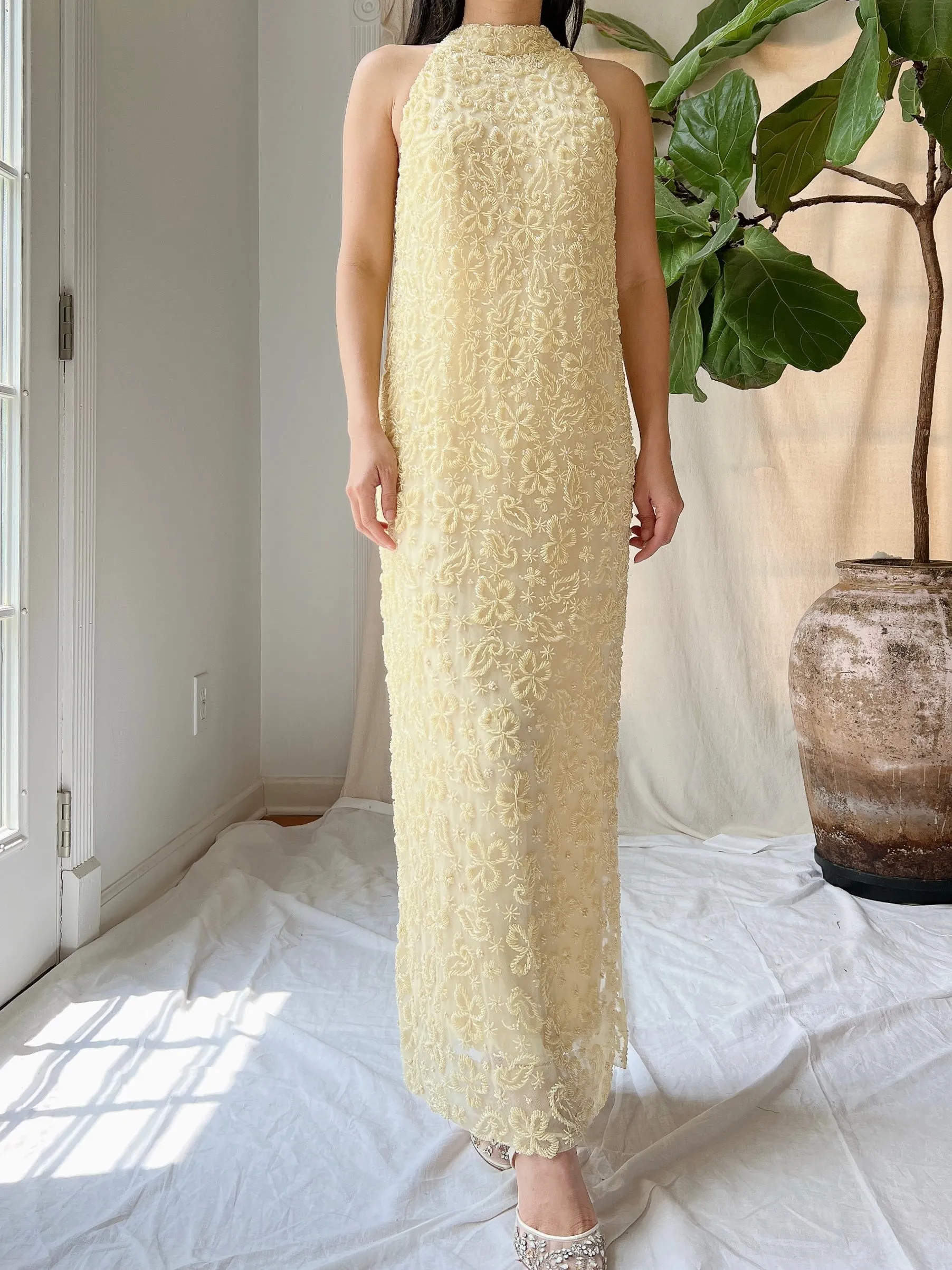 1960s Butter Yellow Beaded Tulle Dress - M