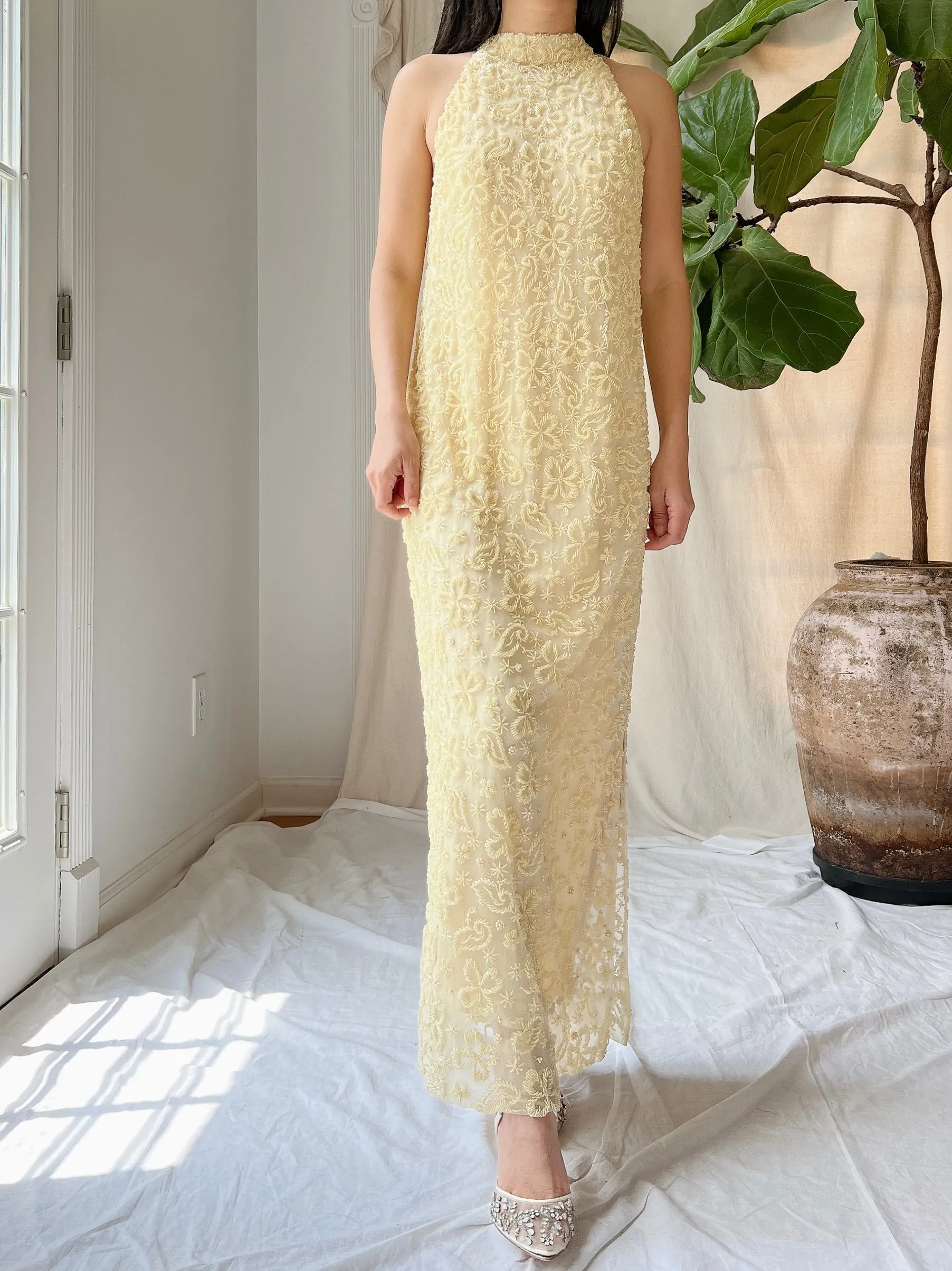 1960s Butter Yellow Beaded Tulle Dress - M