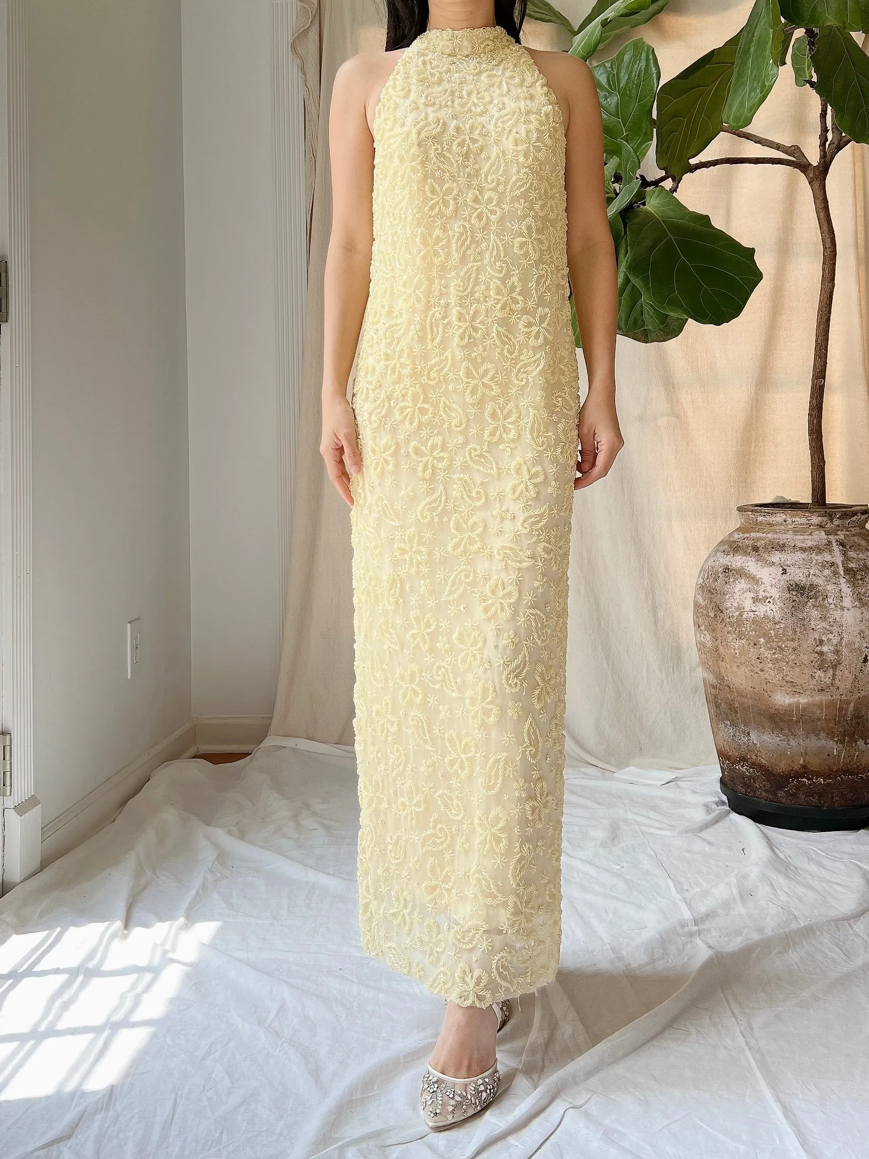 1960s Butter Yellow Beaded Tulle Dress - M