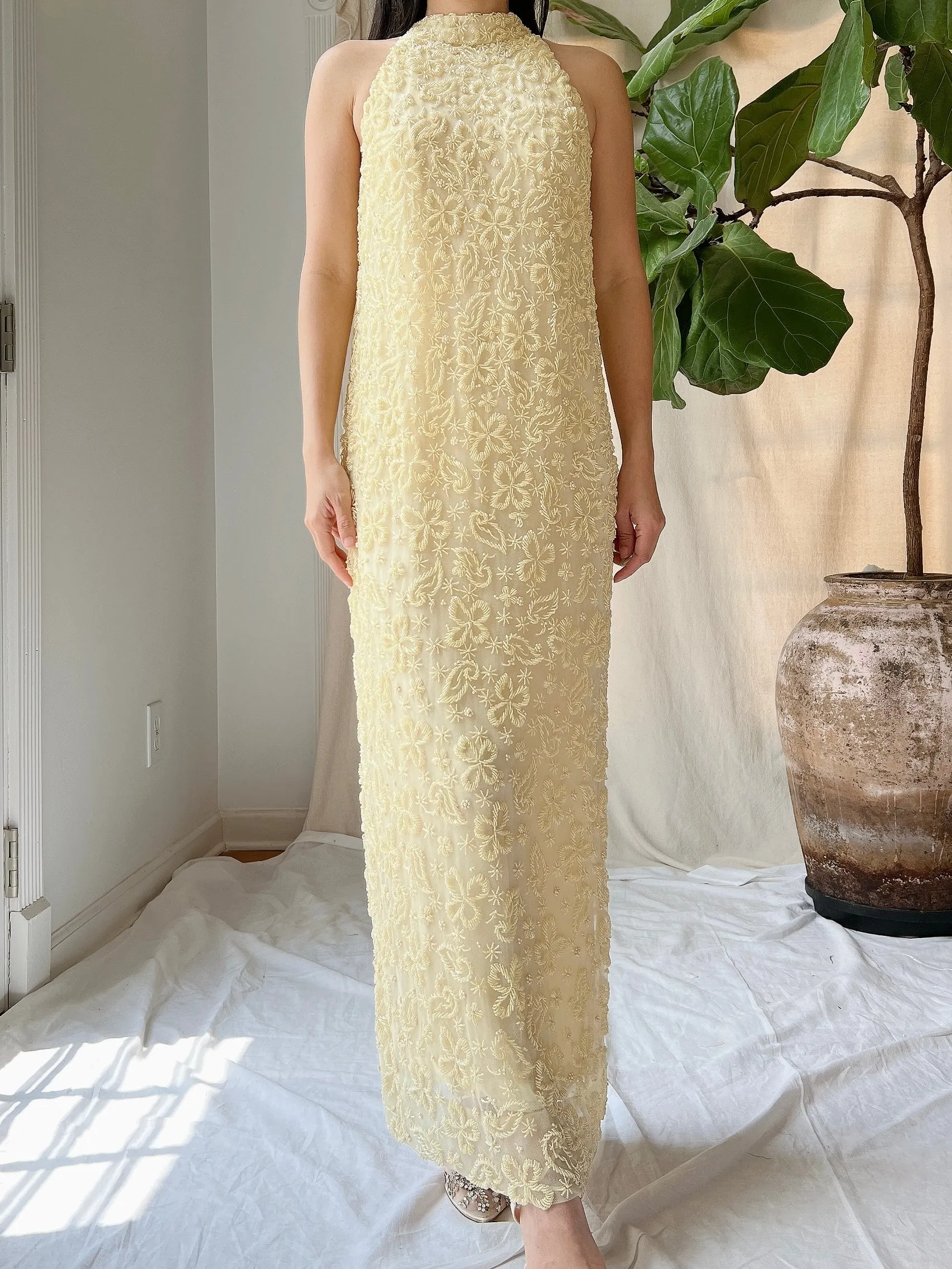 1960s Butter Yellow Beaded Tulle Dress - M