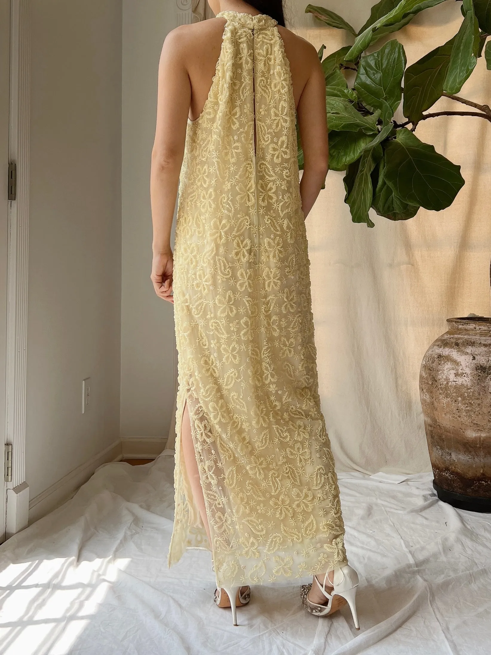 1960s Butter Yellow Beaded Tulle Dress - M