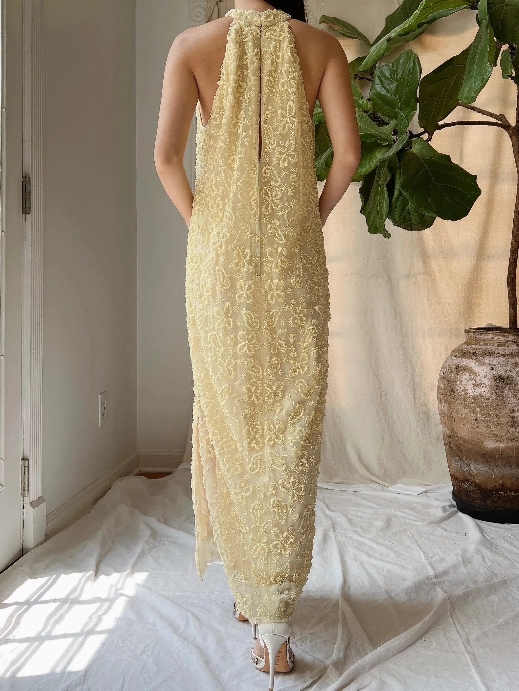 1960s Butter Yellow Beaded Tulle Dress - M