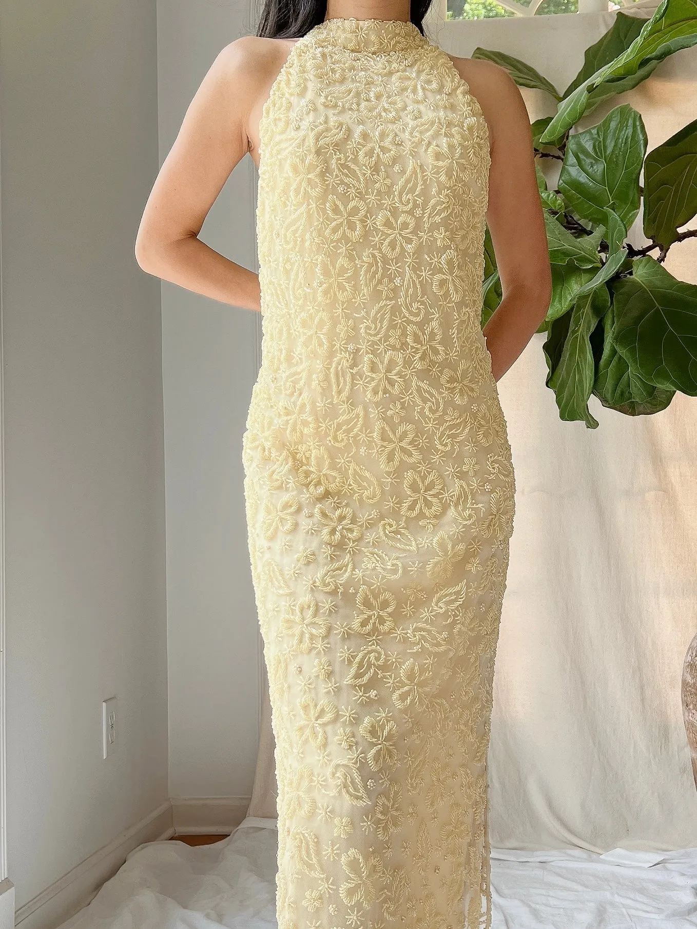 1960s Butter Yellow Beaded Tulle Dress - M