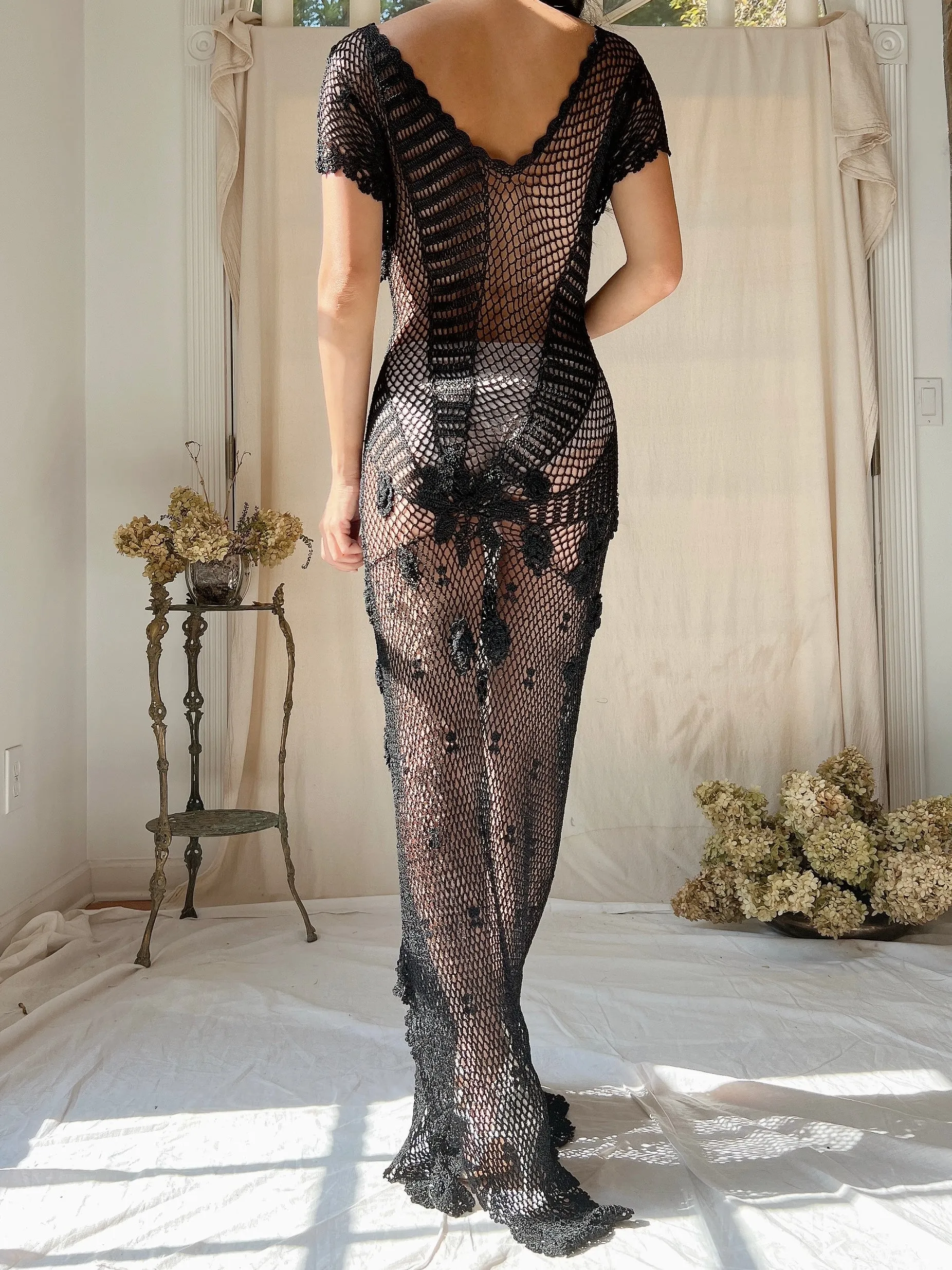 1970s Black Crochet Dress - M