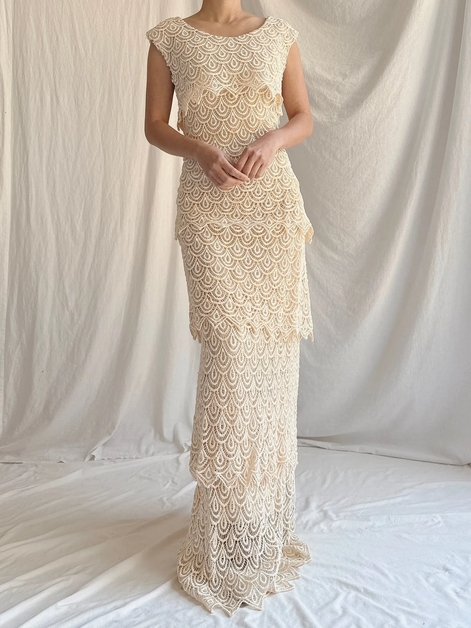 1970s Ecru Scalloped Dress - M/8