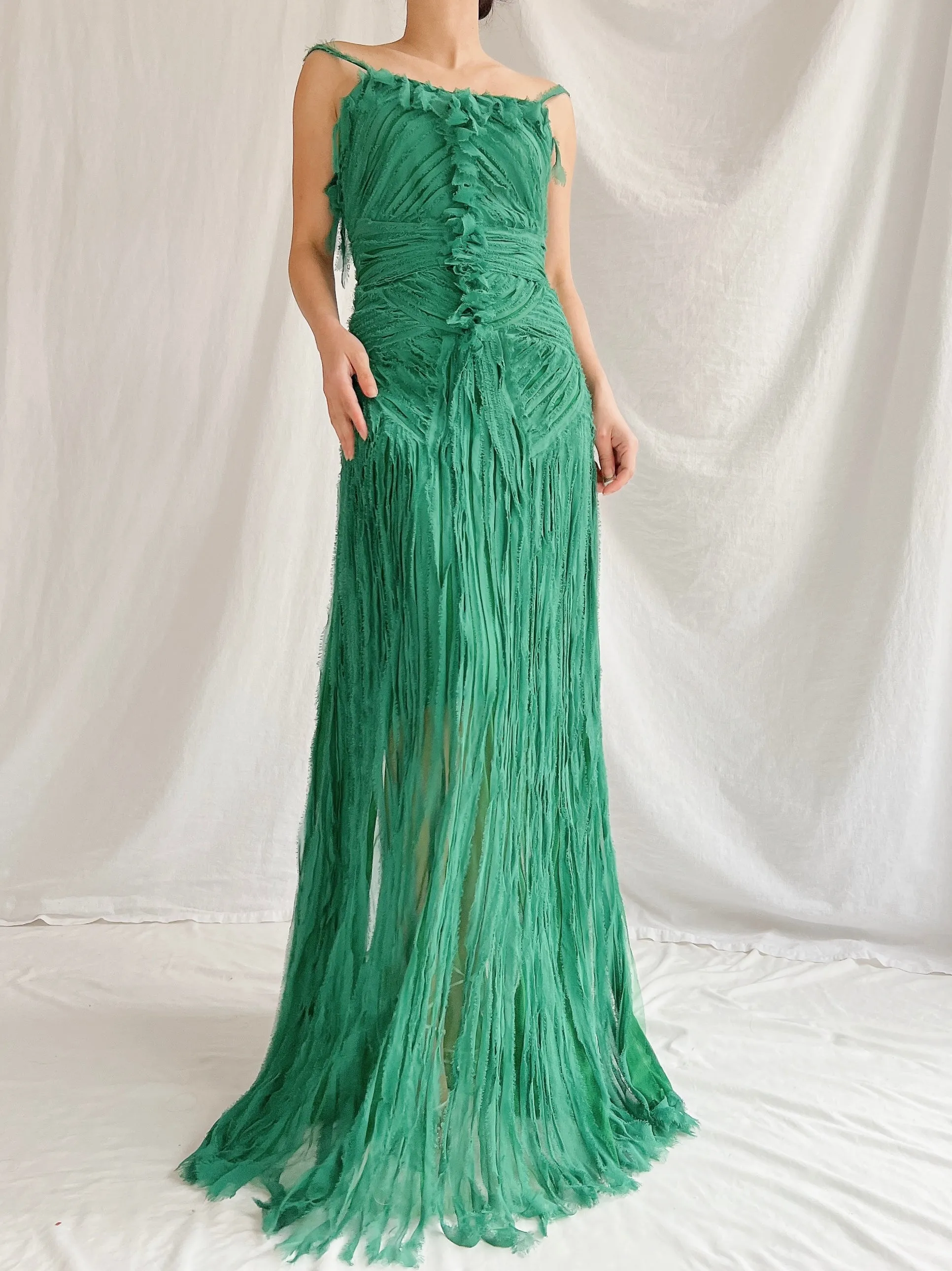 1990s Emerald Silk Fringe Raw Edge Gown - M/L