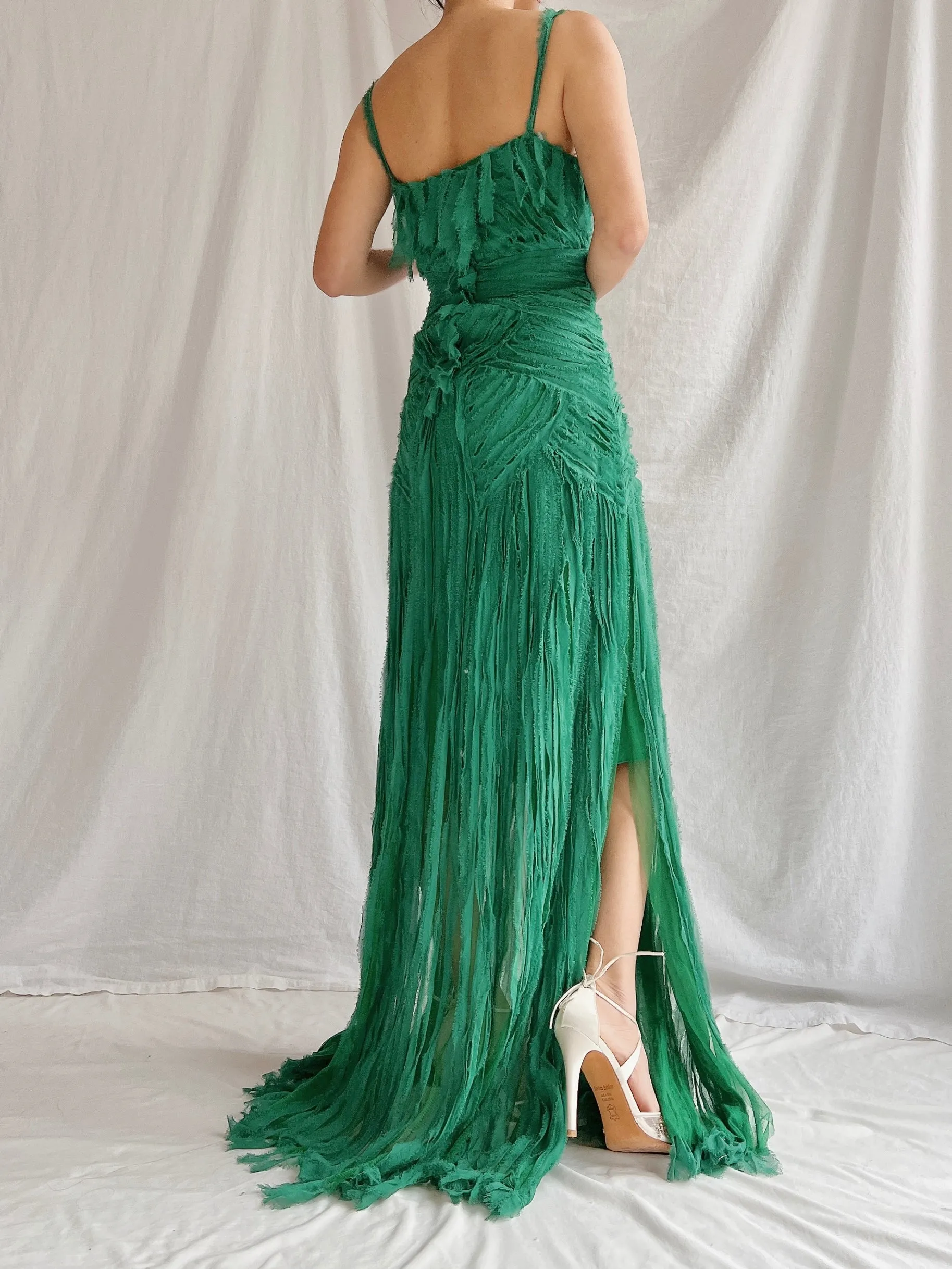 1990s Emerald Silk Fringe Raw Edge Gown - M/L
