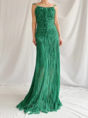 1990s Emerald Silk Fringe Raw Edge Gown - M/L