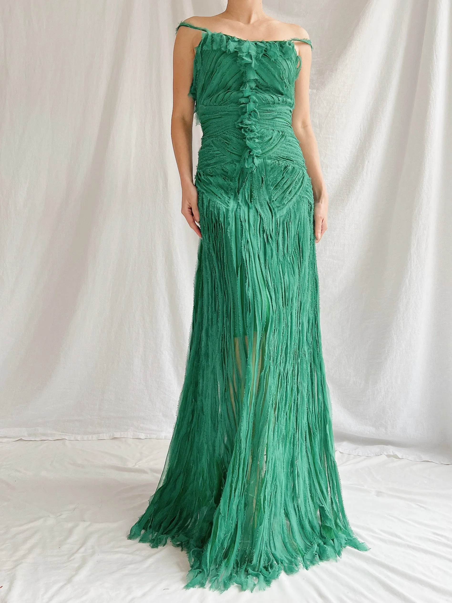 1990s Emerald Silk Fringe Raw Edge Gown - M/L