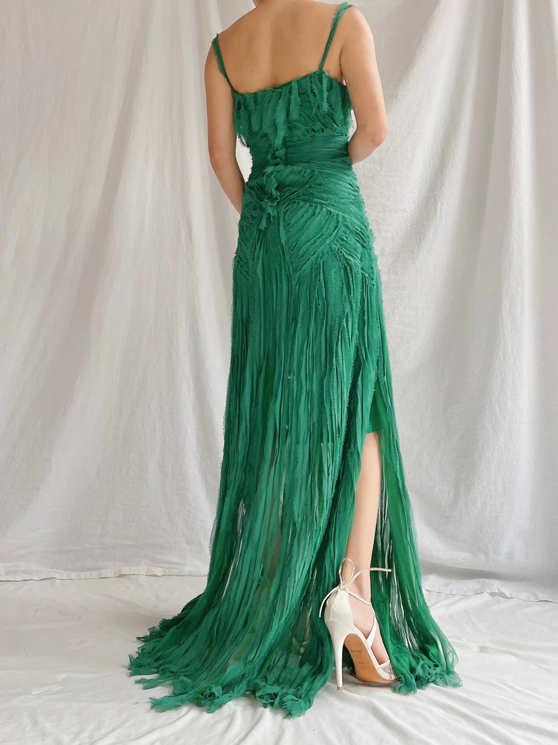 1990s Emerald Silk Fringe Raw Edge Gown - M/L