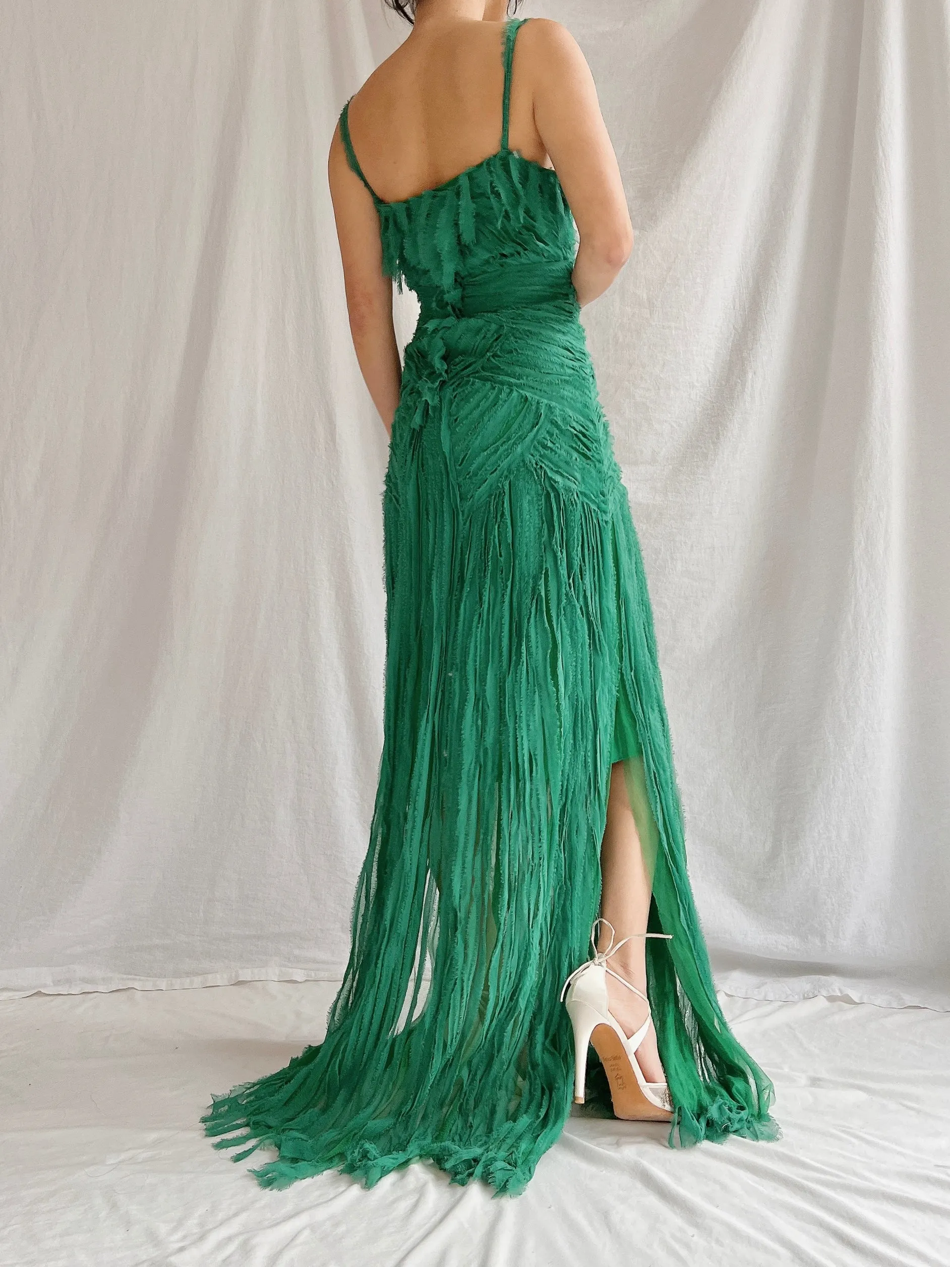 1990s Emerald Silk Fringe Raw Edge Gown - M/L