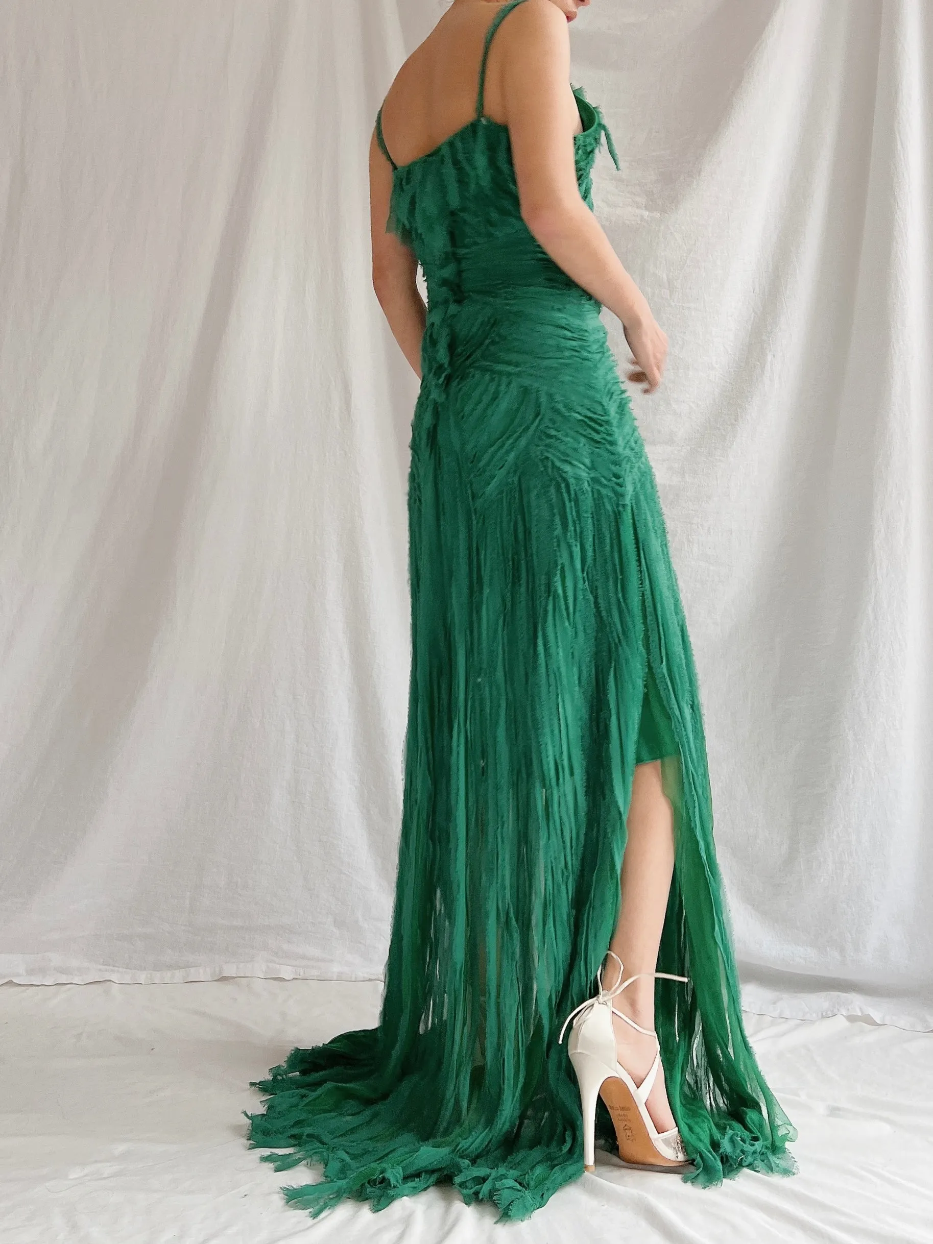 1990s Emerald Silk Fringe Raw Edge Gown - M/L