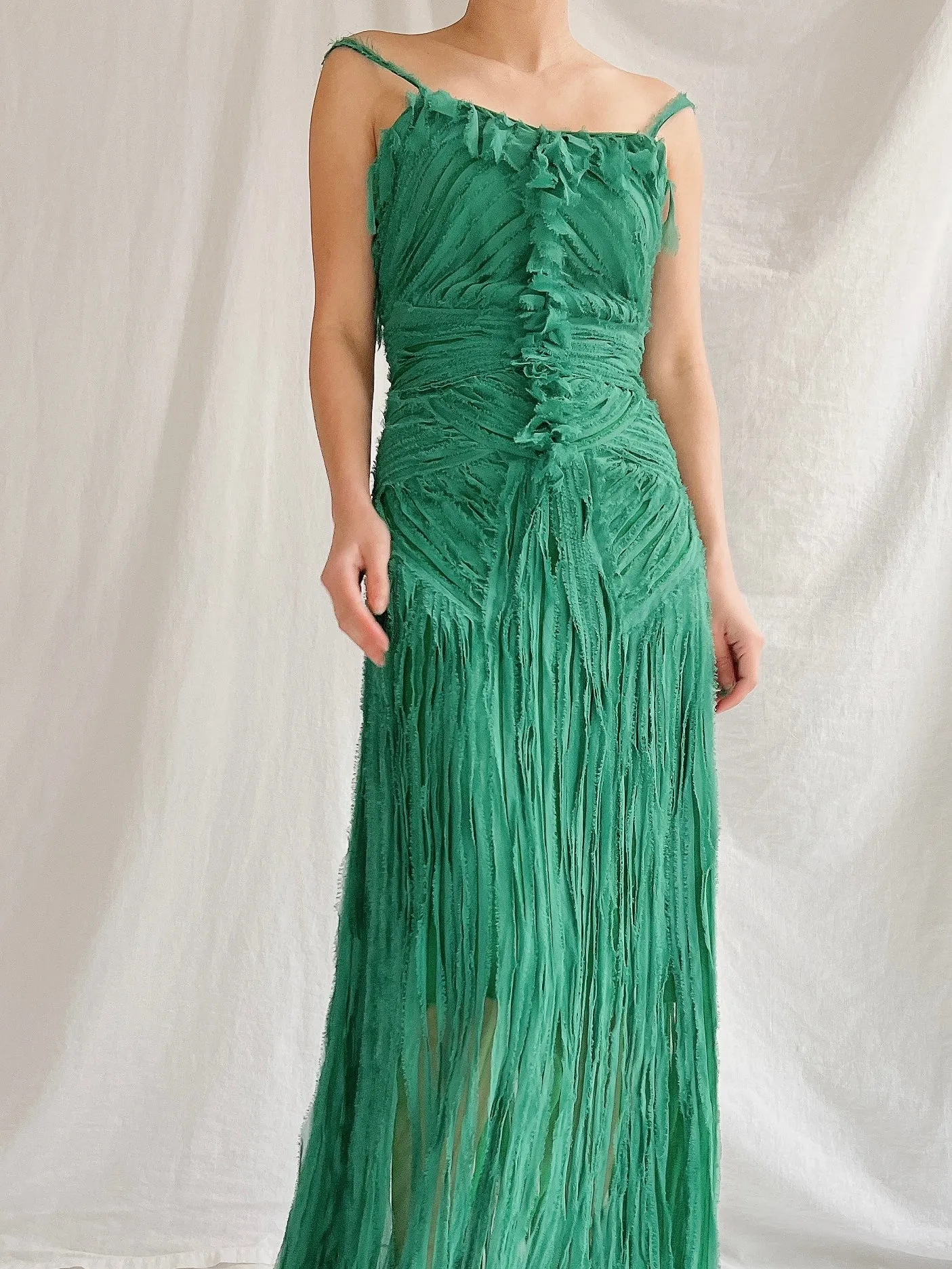 1990s Emerald Silk Fringe Raw Edge Gown - M/L