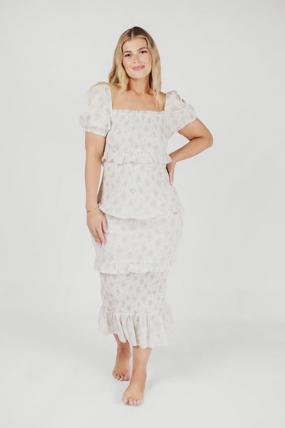 Ada Smocked Dress in Blue Floral - Bump Friendly & Inclusive Sizing (S-3XL) - Restocking End of April