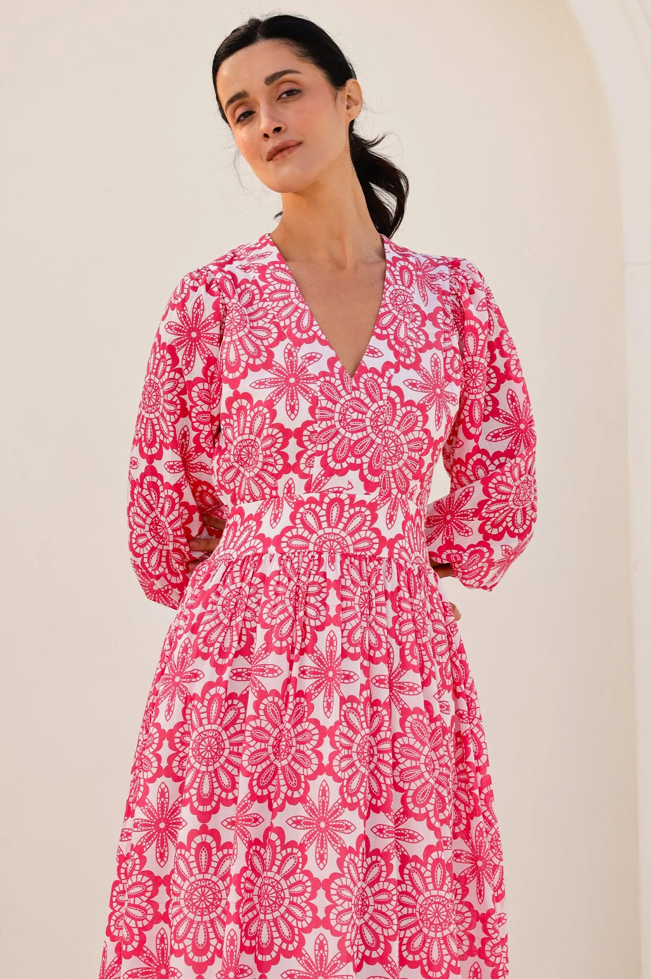 Annie Maxi Organic Cotton Dress | Lace Floral White/Pink