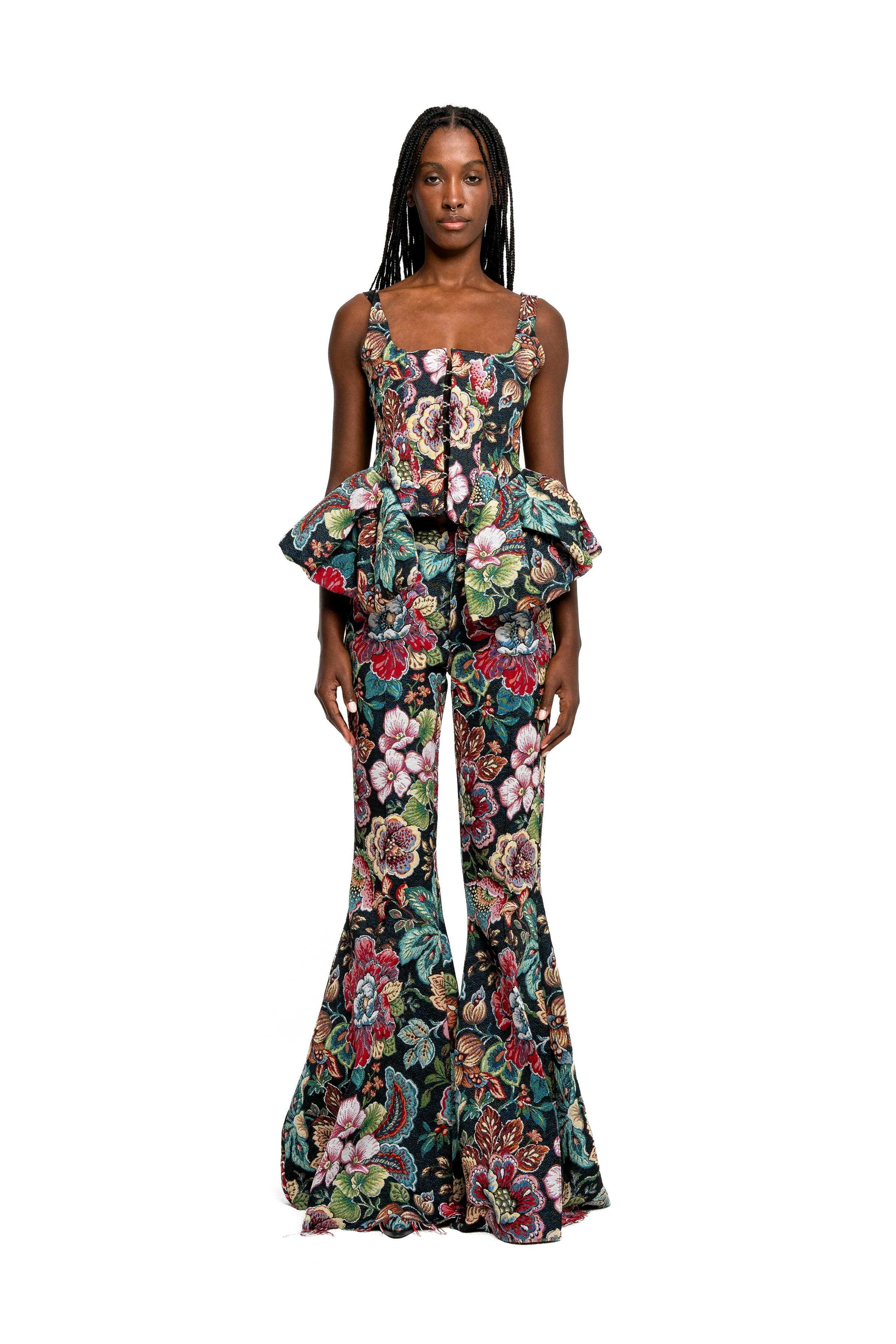 BLACK BROCADE EXTREME FLARE TROUSERS