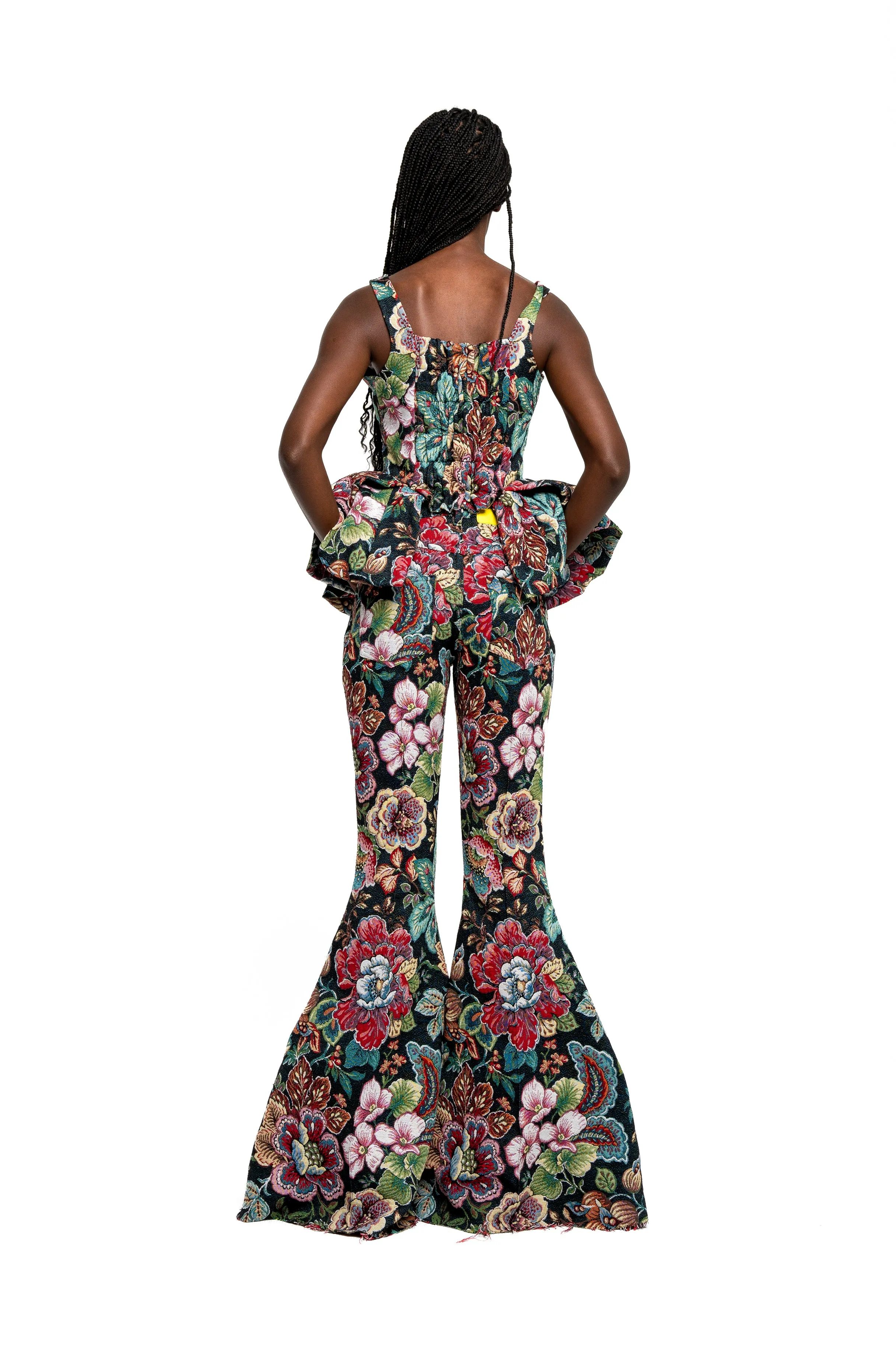 BLACK BROCADE EXTREME FLARE TROUSERS