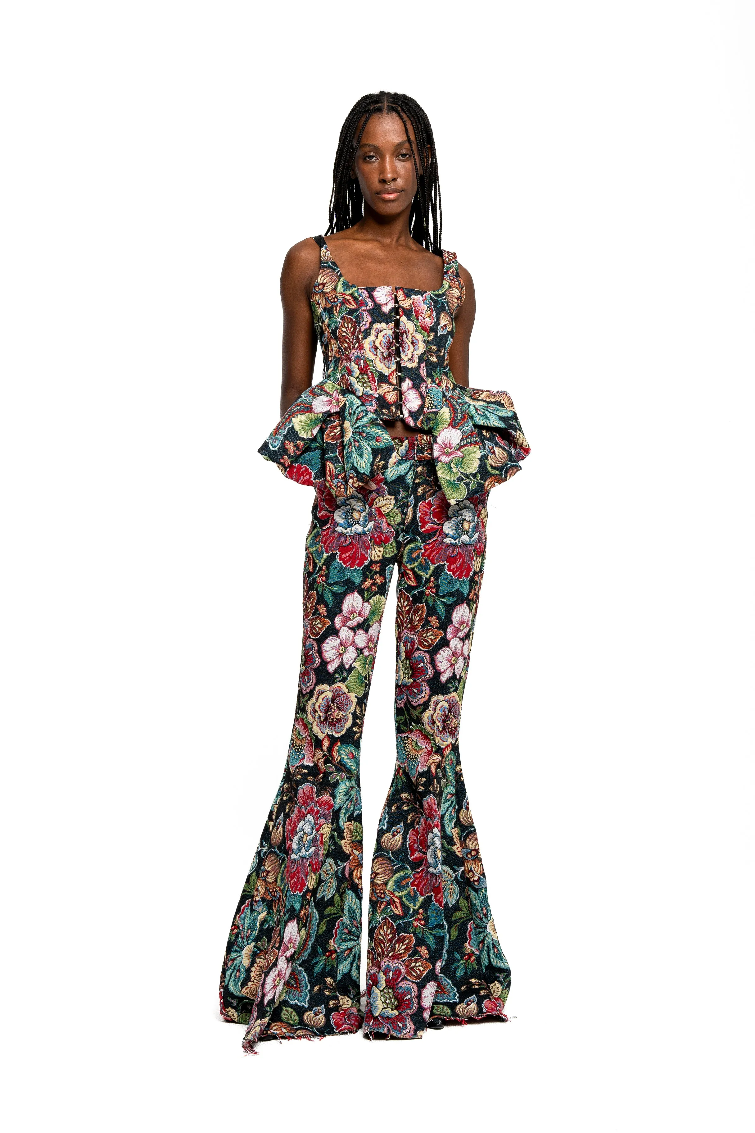 BLACK BROCADE EXTREME FLARE TROUSERS