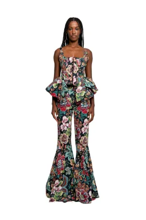 BLACK BROCADE EXTREME FLARE TROUSERS