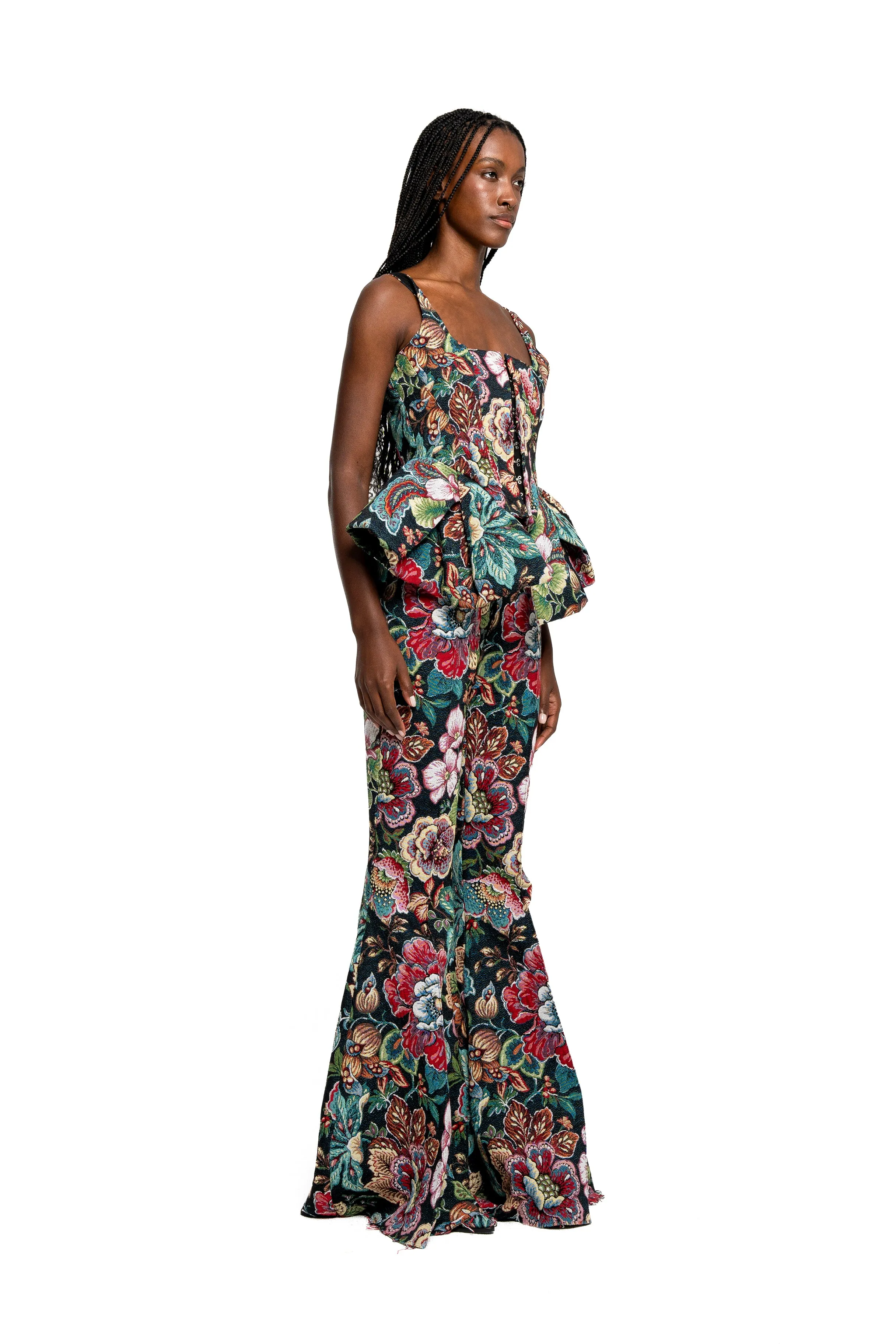 BLACK BROCADE EXTREME FLARE TROUSERS