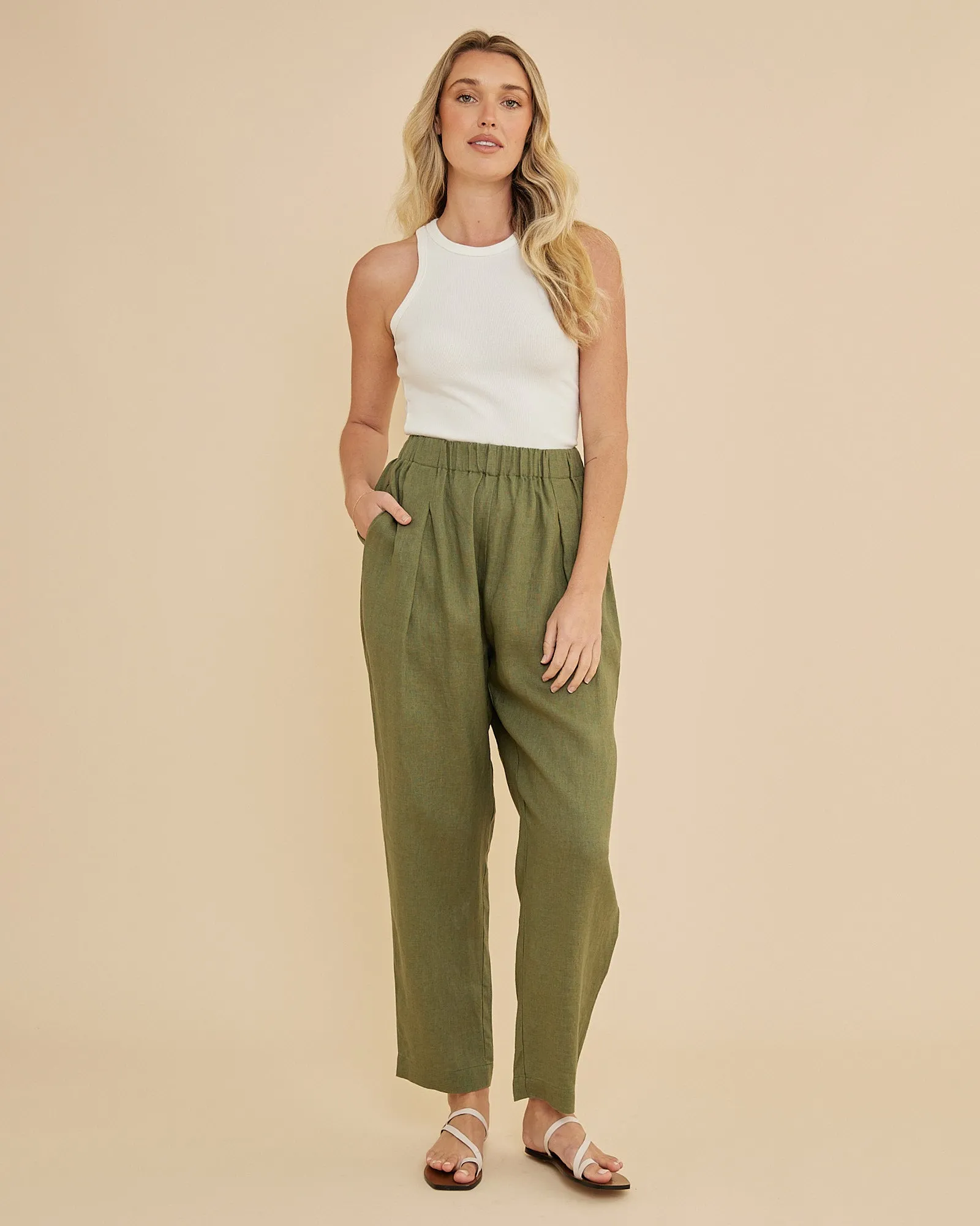 Carter Elasticated Linen Pant - Olive