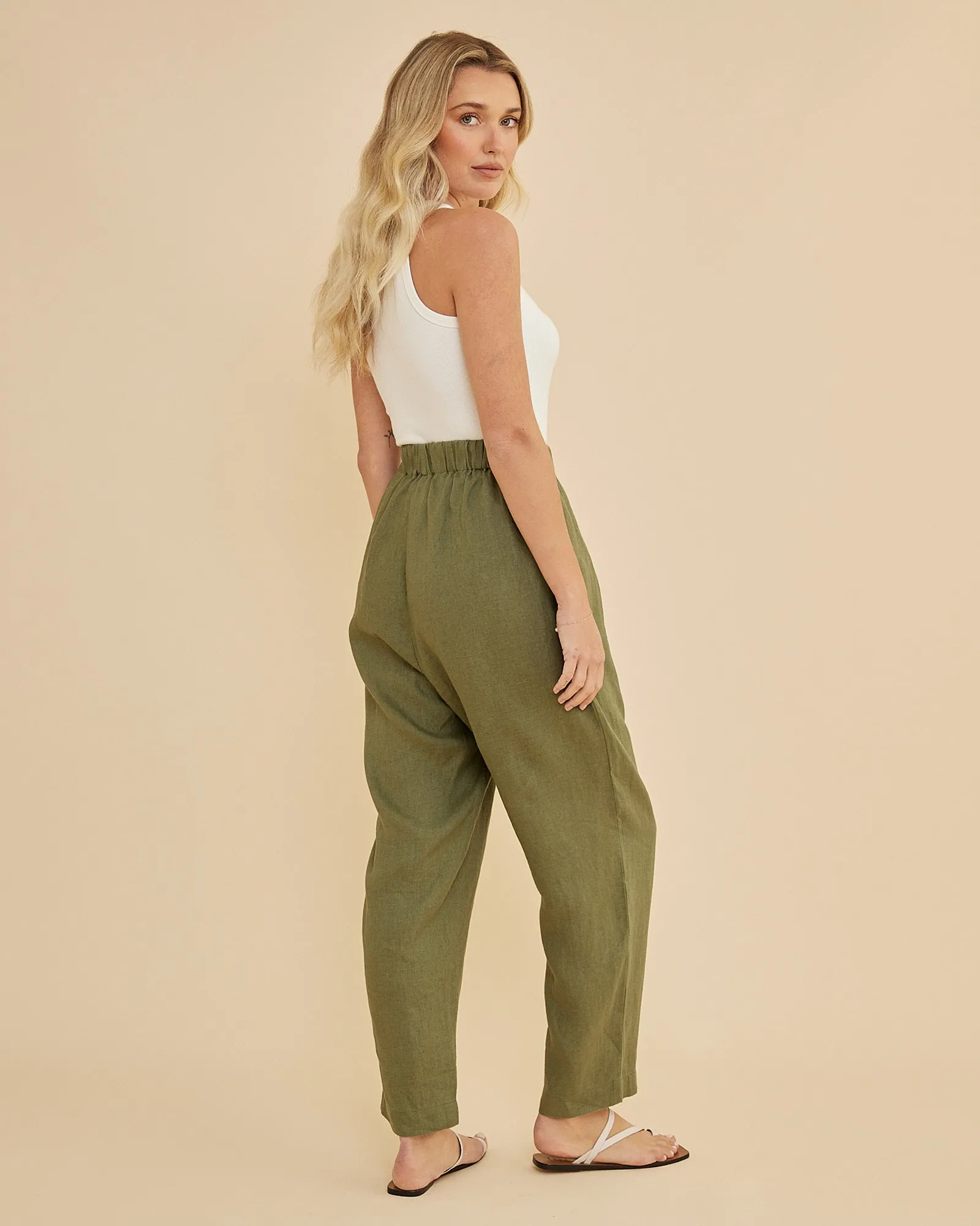 Carter Elasticated Linen Pant - Olive