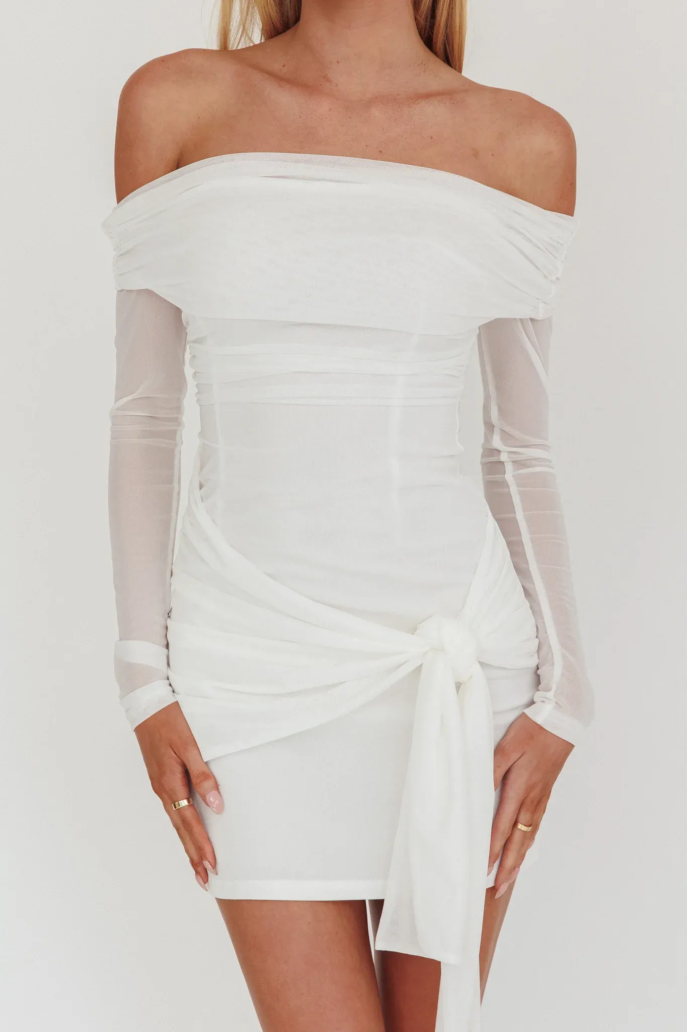 Dangerous Off Shoulder Waist Tie Mini Dress White