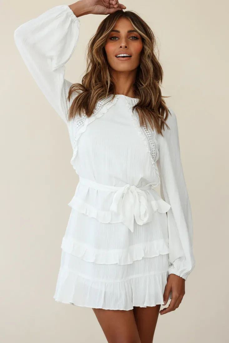 Dusk Long Sleeve Waist Tie Frill Dress White