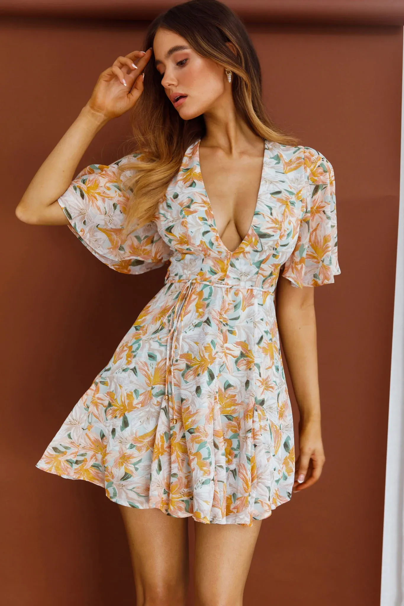 Estelle Angel Sleeve Dress Lily Print Blue