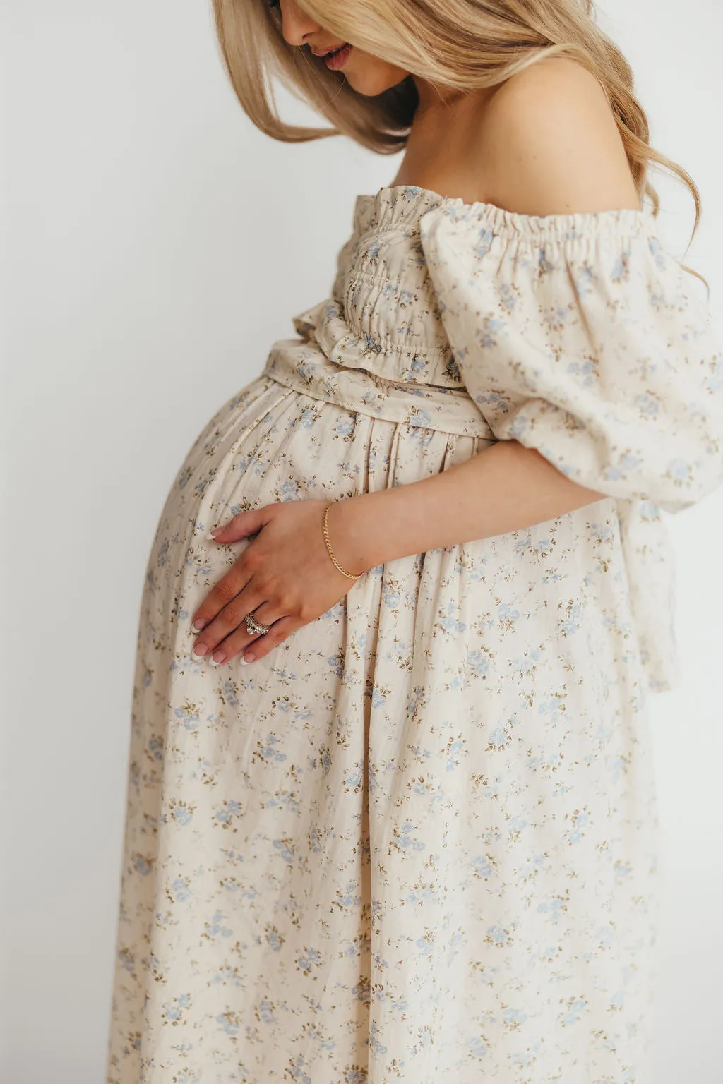 Finley 100% Cotton Peplum Midi Dress in Ivory/Blue - Bump & Nursing Friendly