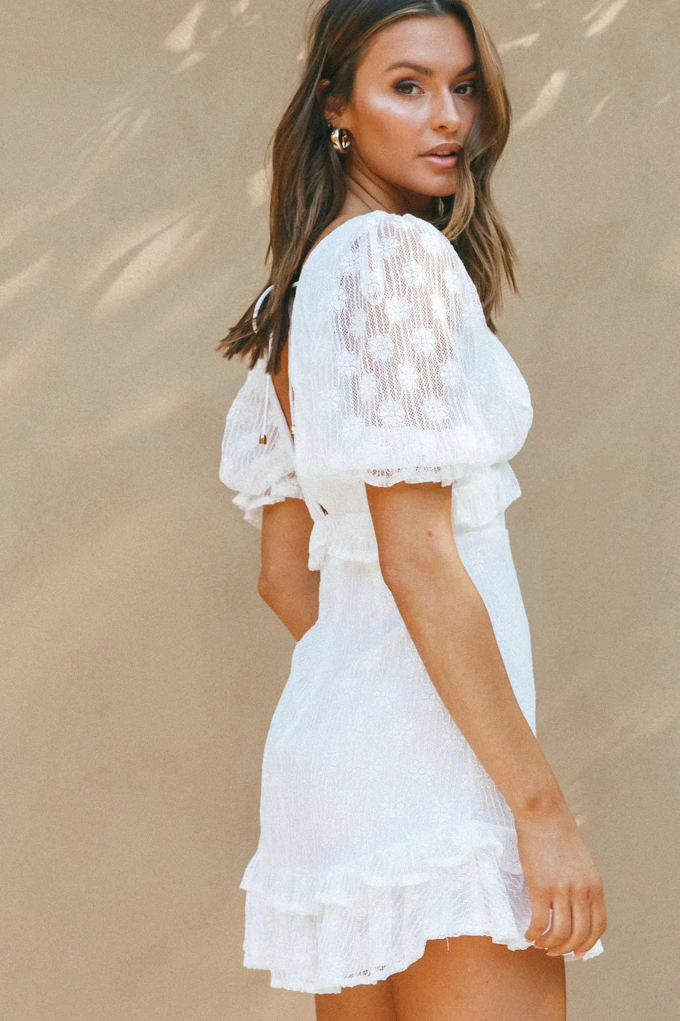Katherine Puff Sleeve Floral Lace Frill Dress White