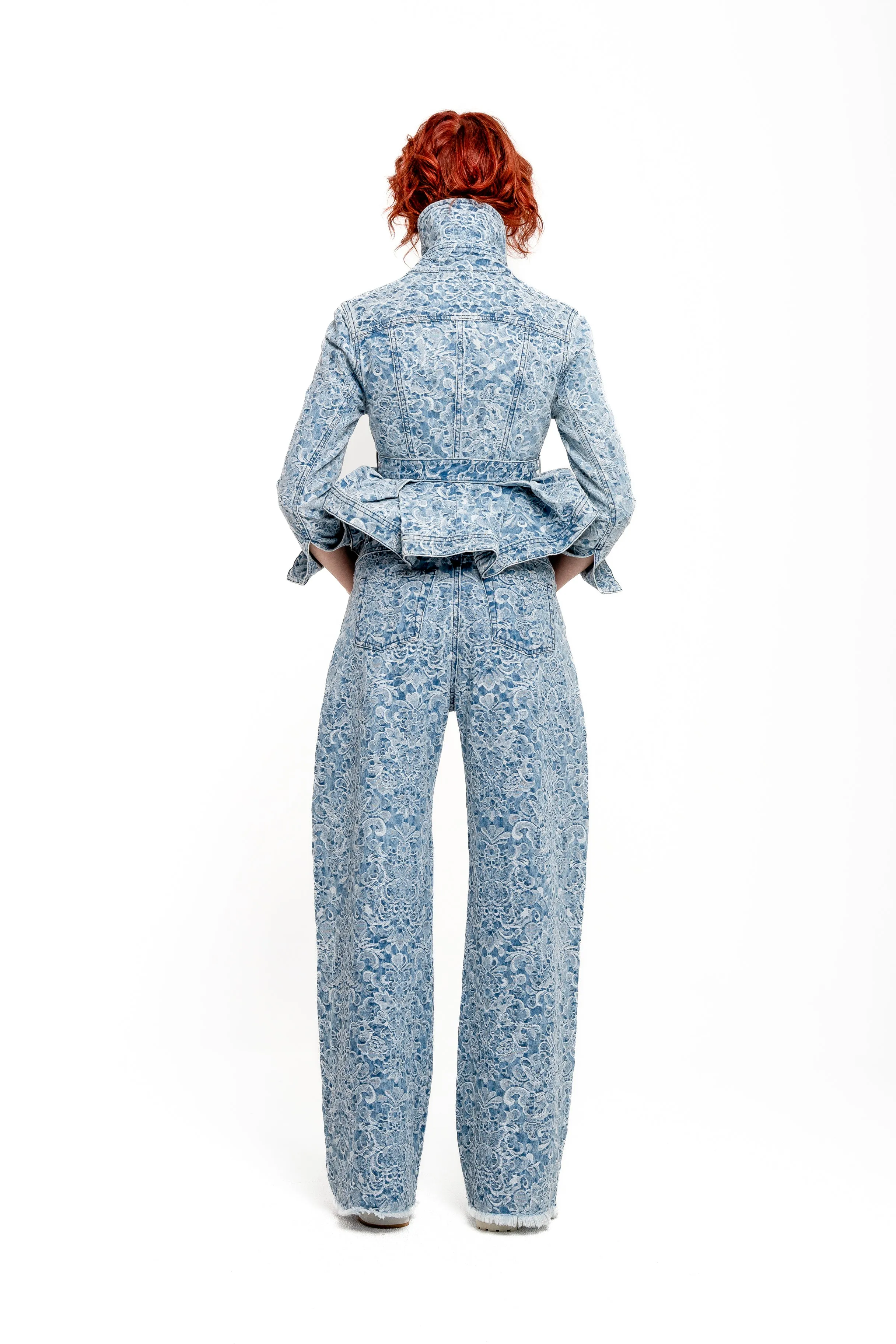 LIGHT BLUE BROCADE DENIM BOYFRIEND TROUSERS