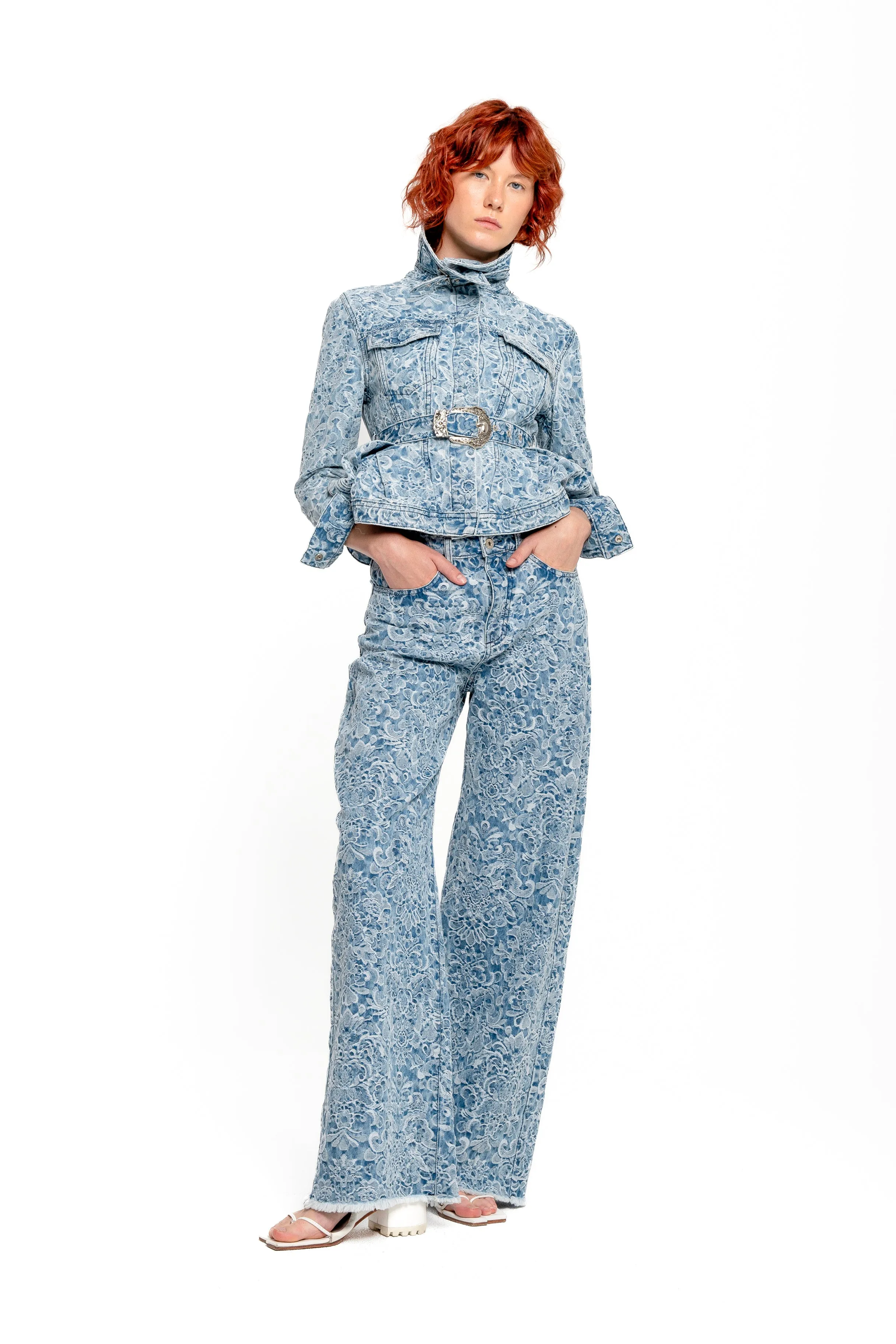 LIGHT BLUE BROCADE DENIM BOYFRIEND TROUSERS