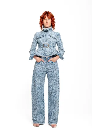 LIGHT BLUE BROCADE DENIM BOYFRIEND TROUSERS