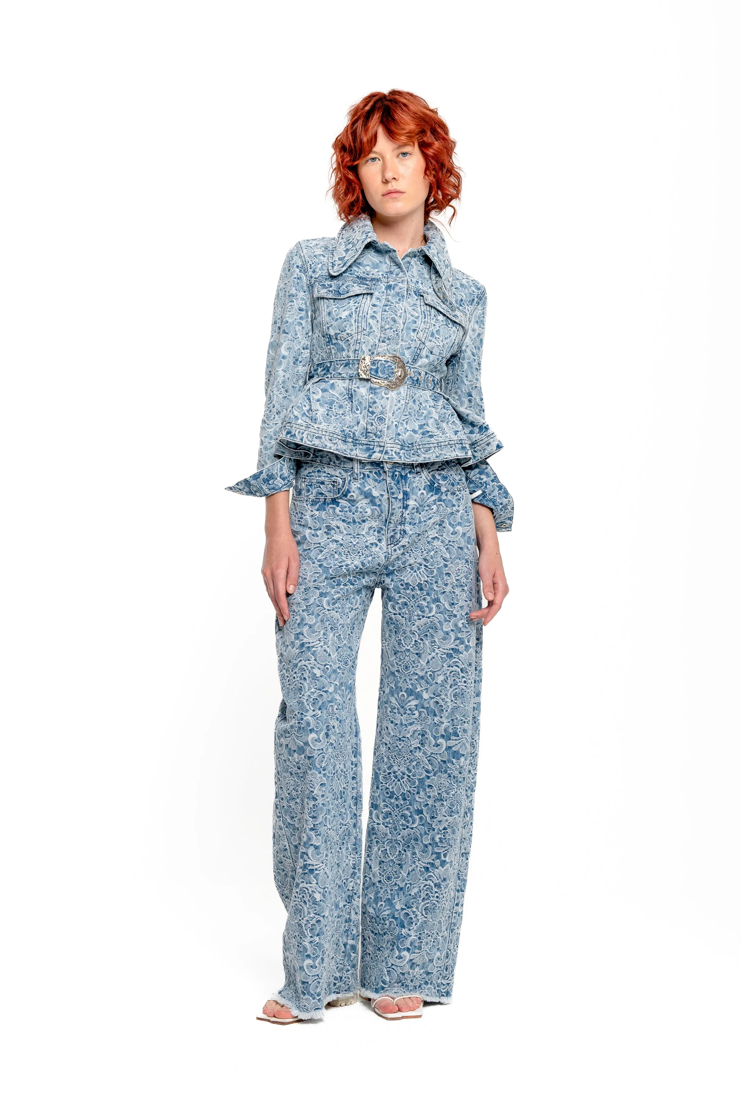 LIGHT BLUE BROCADE DENIM BOYFRIEND TROUSERS