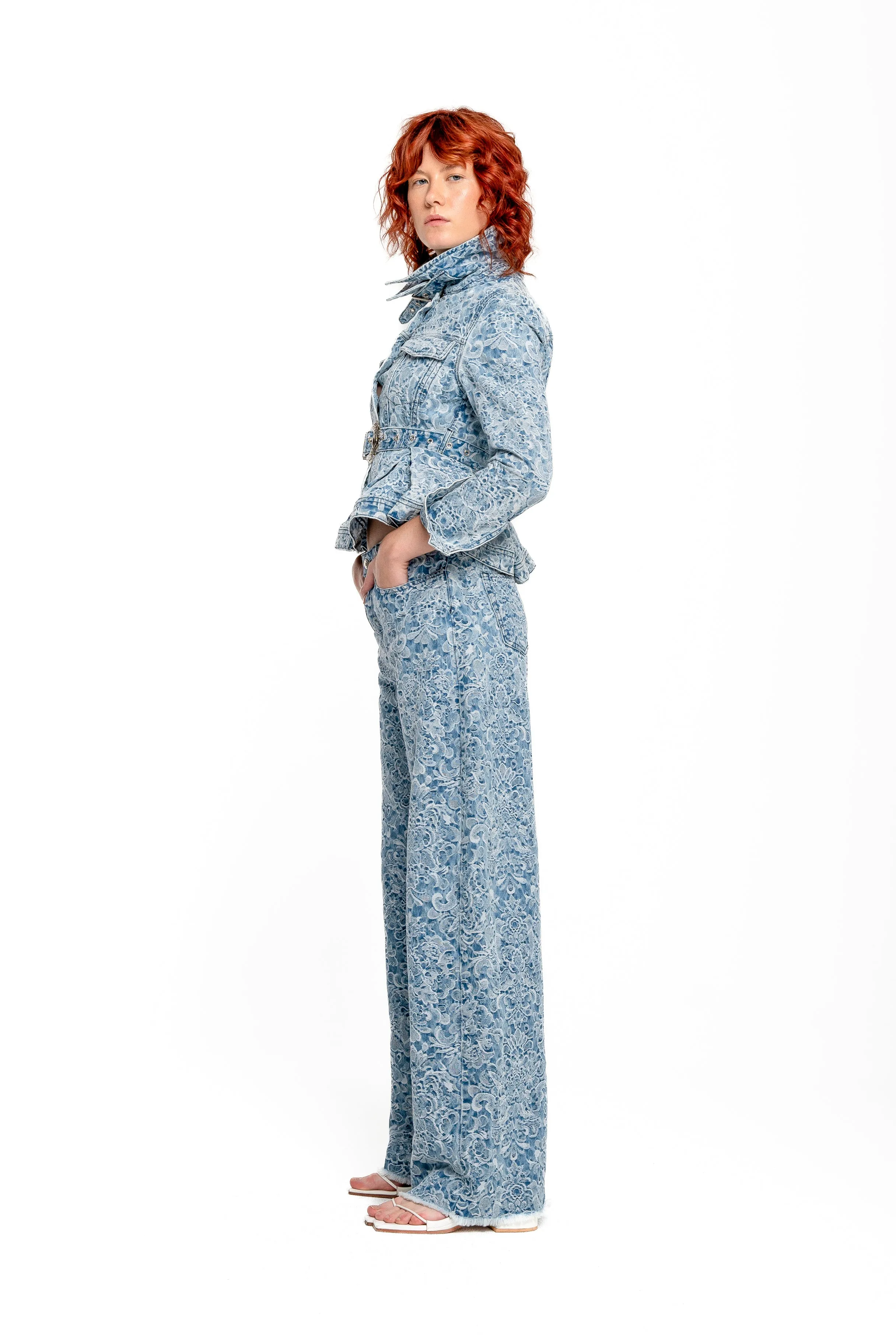 LIGHT BLUE BROCADE DENIM BOYFRIEND TROUSERS