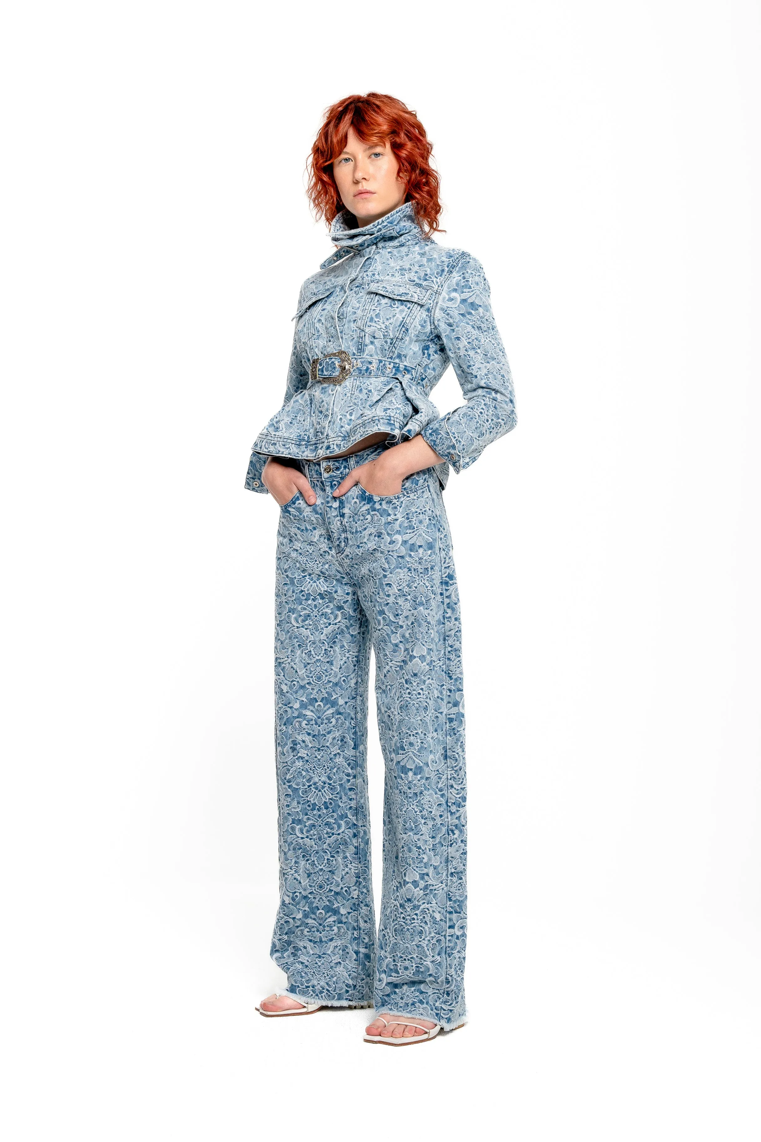 LIGHT BLUE BROCADE DENIM BOYFRIEND TROUSERS