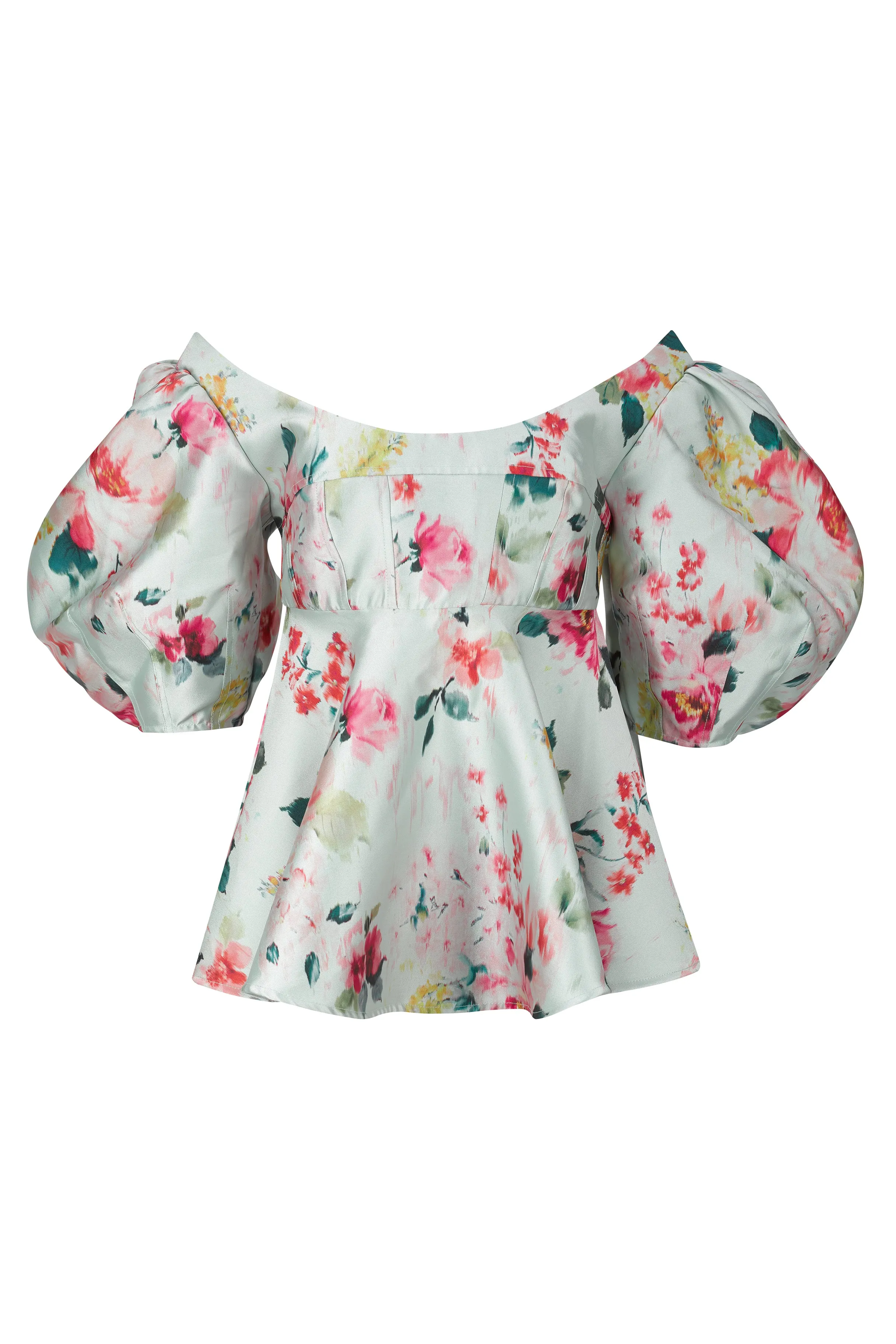LIGHT GREEN PRINTED HEAVY SATIN ROUND SLEEVE TOP