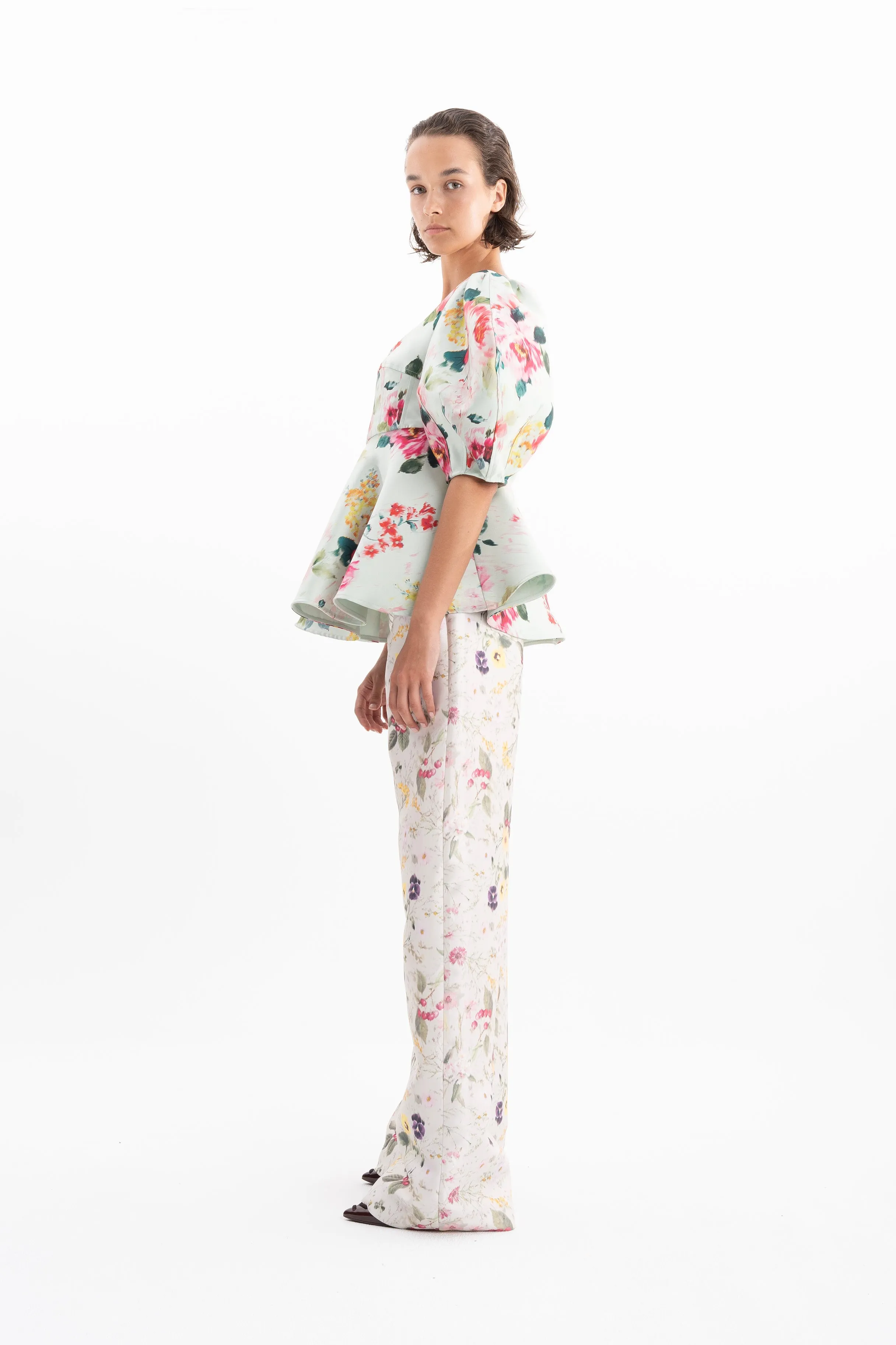 LIGHT GREEN PRINTED HEAVY SATIN ROUND SLEEVE TOP