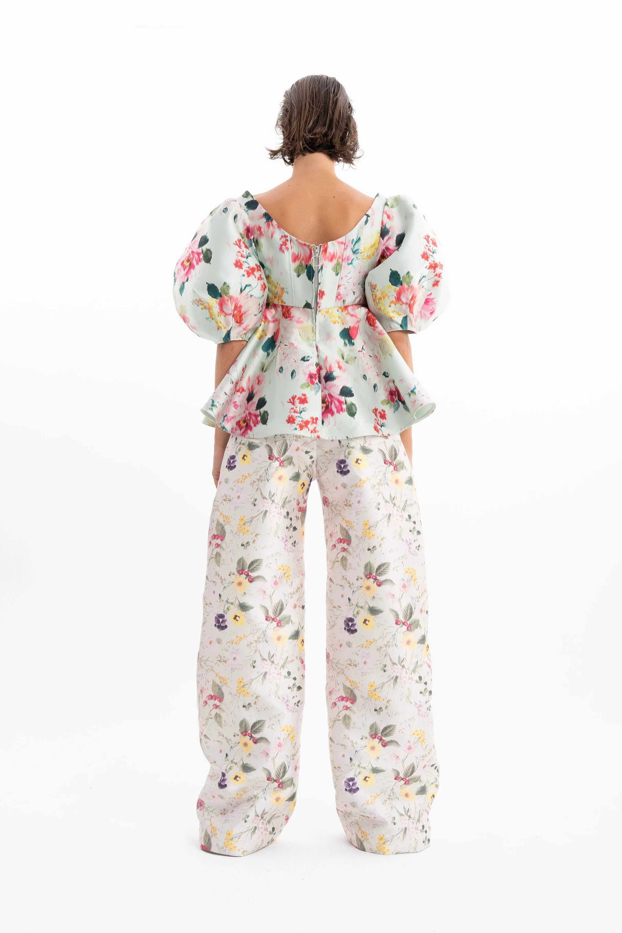 LIGHT GREEN PRINTED HEAVY SATIN ROUND SLEEVE TOP