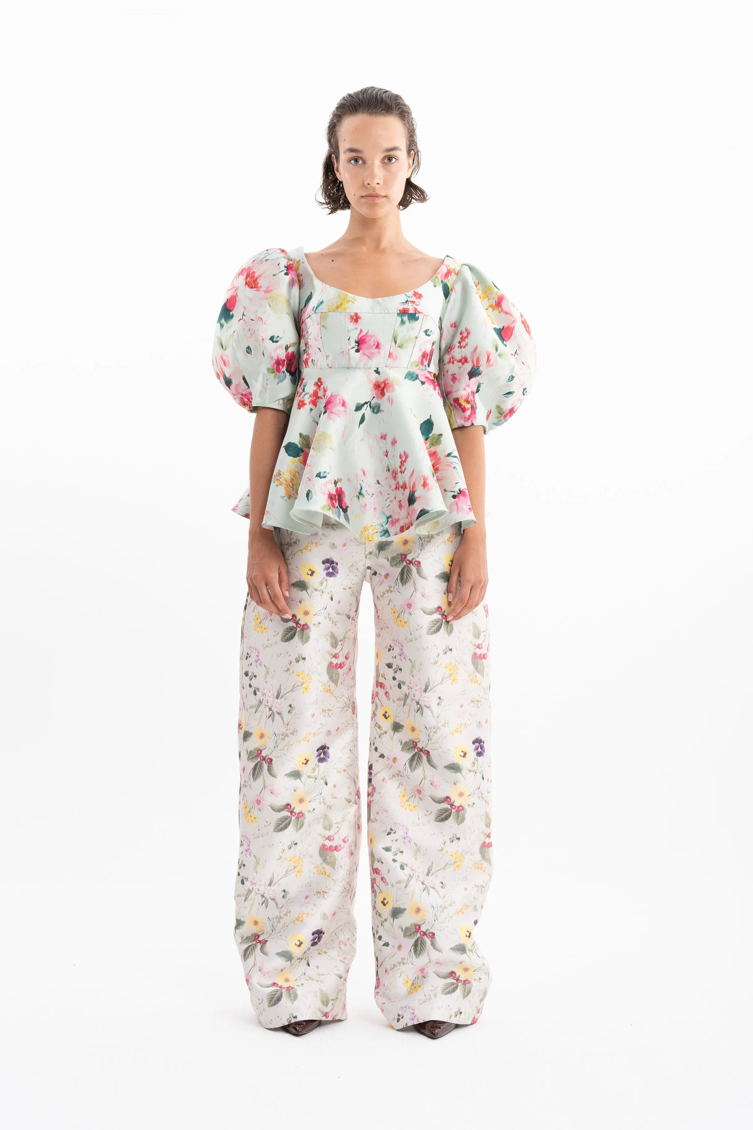 LIGHT GREEN PRINTED HEAVY SATIN ROUND SLEEVE TOP