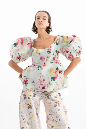 LIGHT GREEN PRINTED HEAVY SATIN ROUND SLEEVE TOP