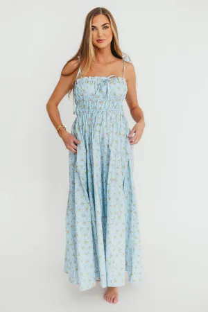 Lila Ruched Floral Maxi Dress in Powder Blue
