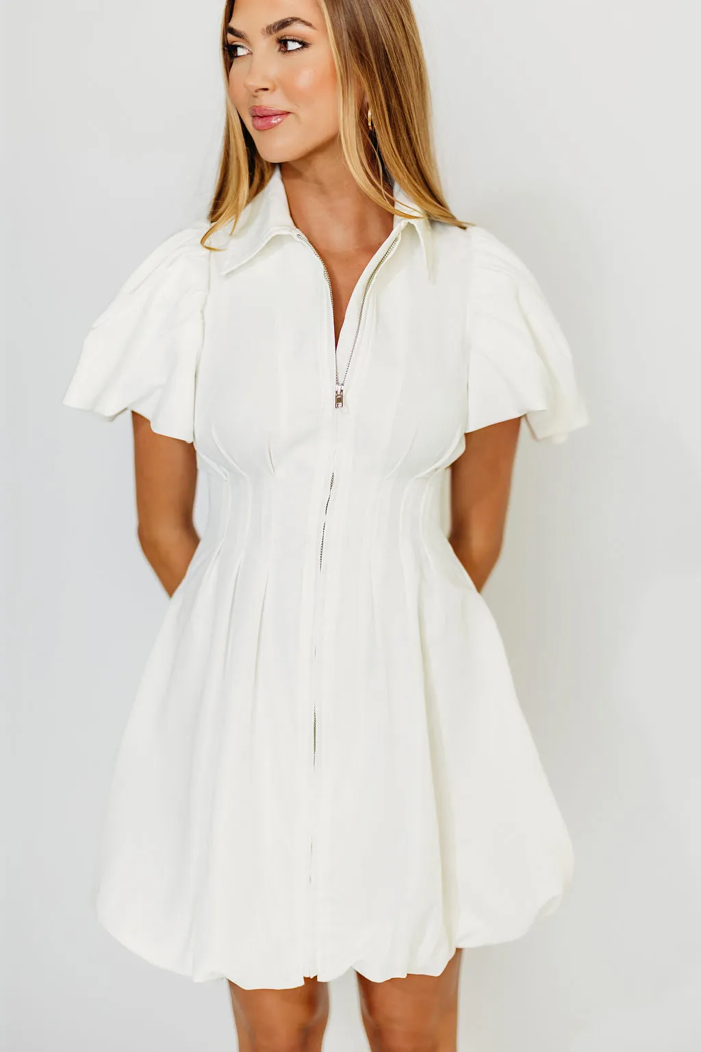 Melissa Bubble Sleeve Mini Dress in White