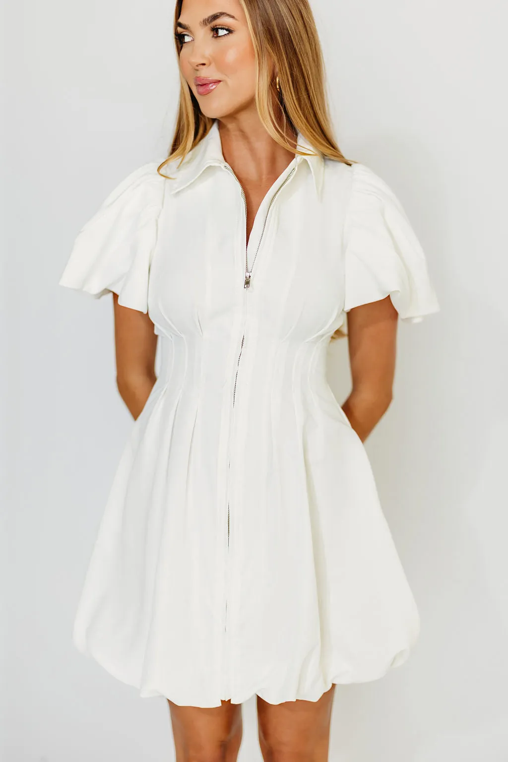Melissa Bubble Sleeve Mini Dress in White