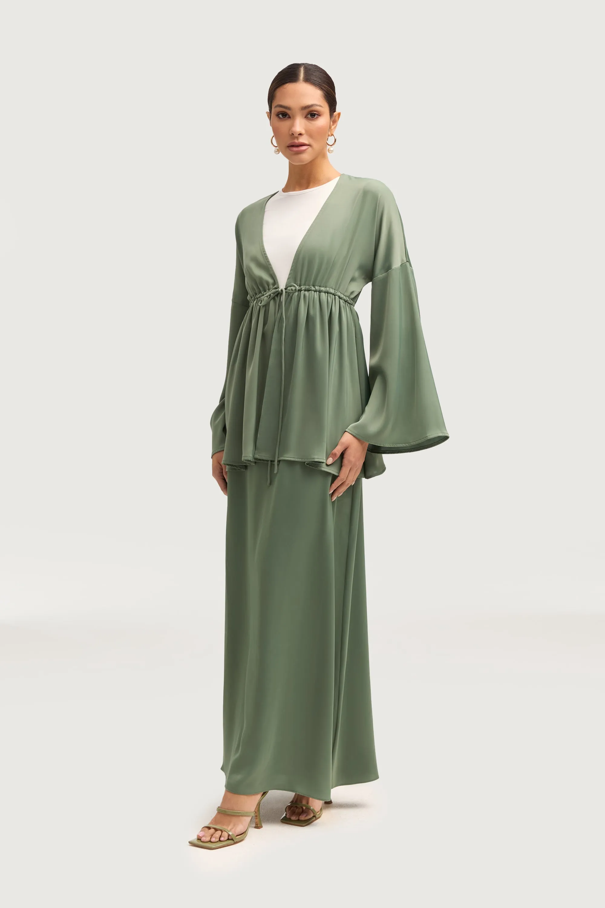 Samia Satin Tie Front Top - Sage