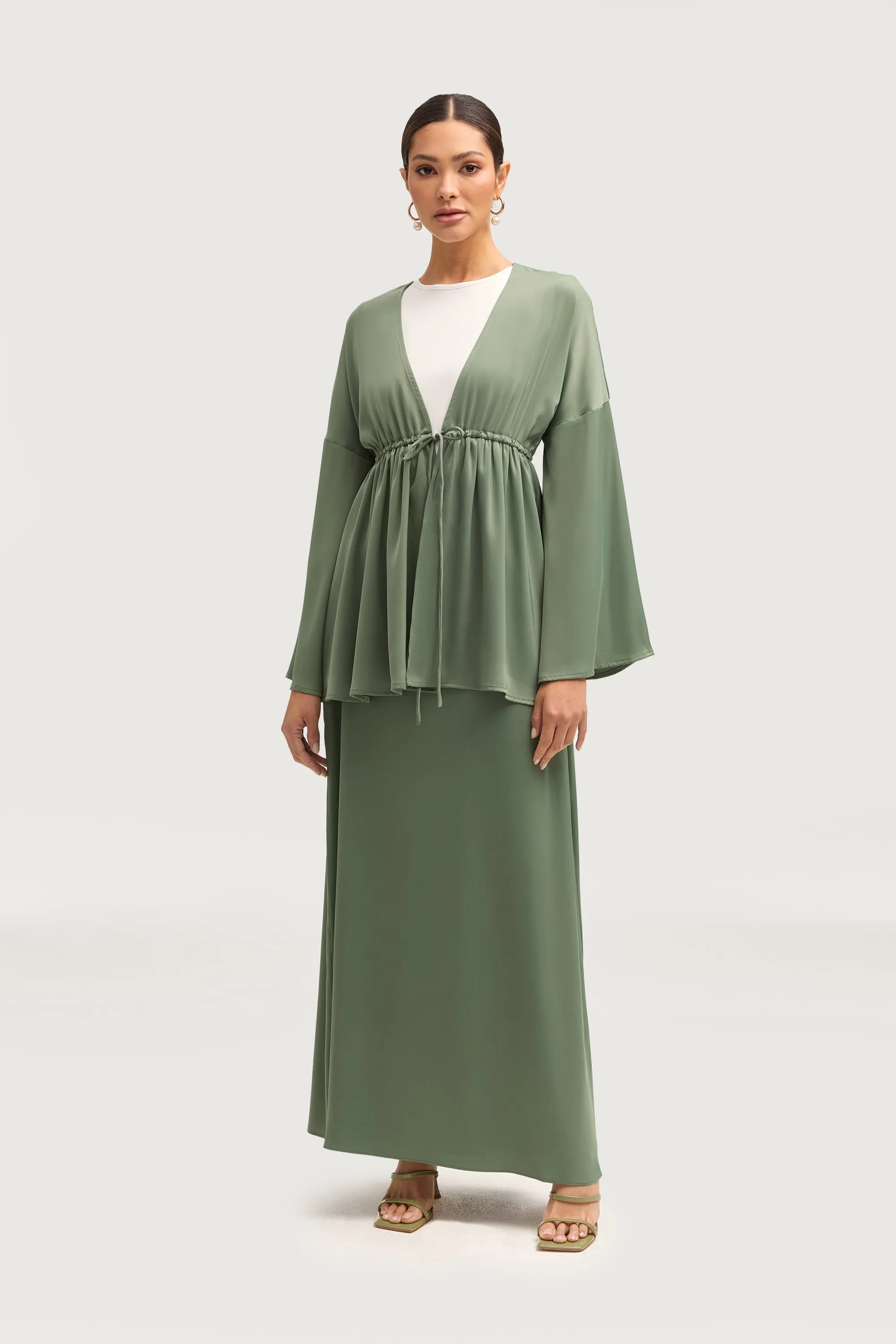 Samia Satin Tie Front Top - Sage
