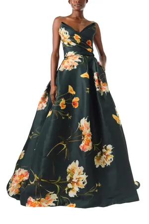 Strapless Draped Floral Ball Gown