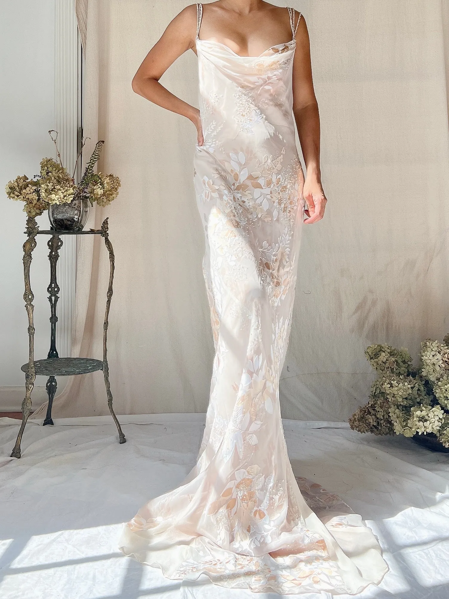 Vintage Almond Silk Cowl Bias Gown - L